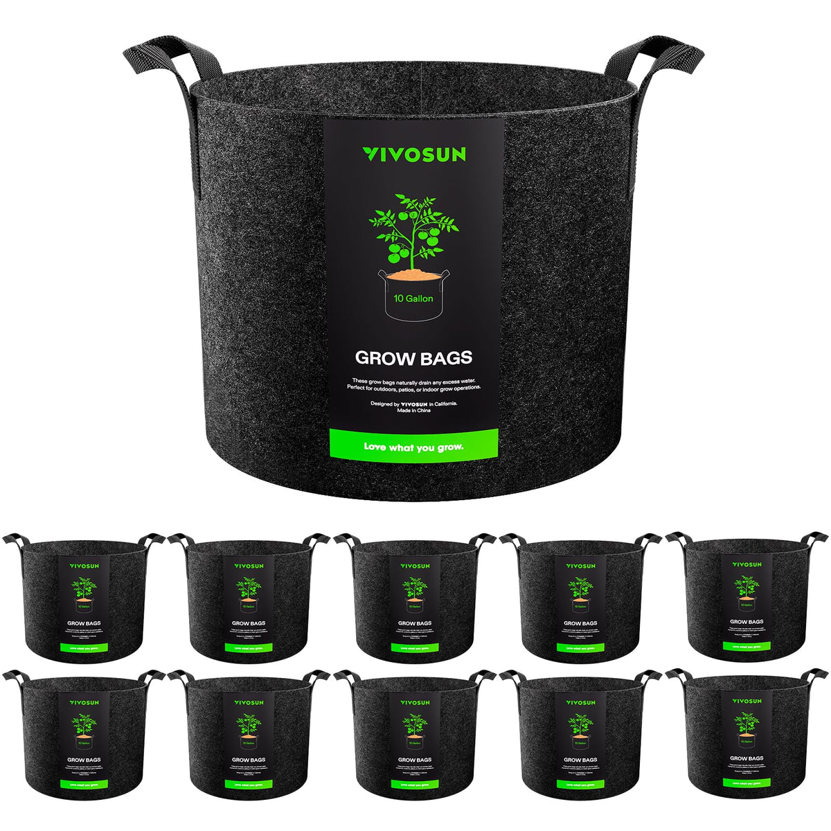 VIVOSUN front view of 10-pack fabric grow bags showing packaging and quantity benefit