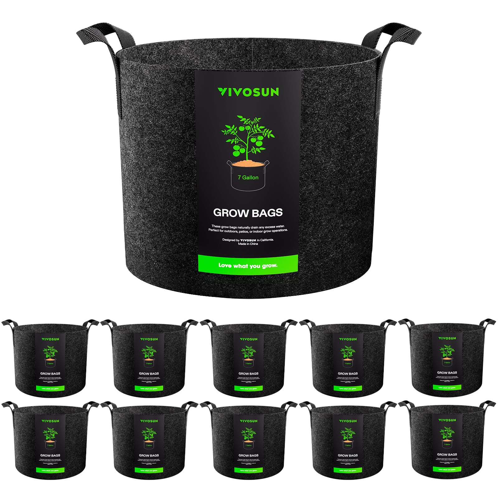 VIVOSUN front view of 10-pack grow bags showing packaging and quantity benefit