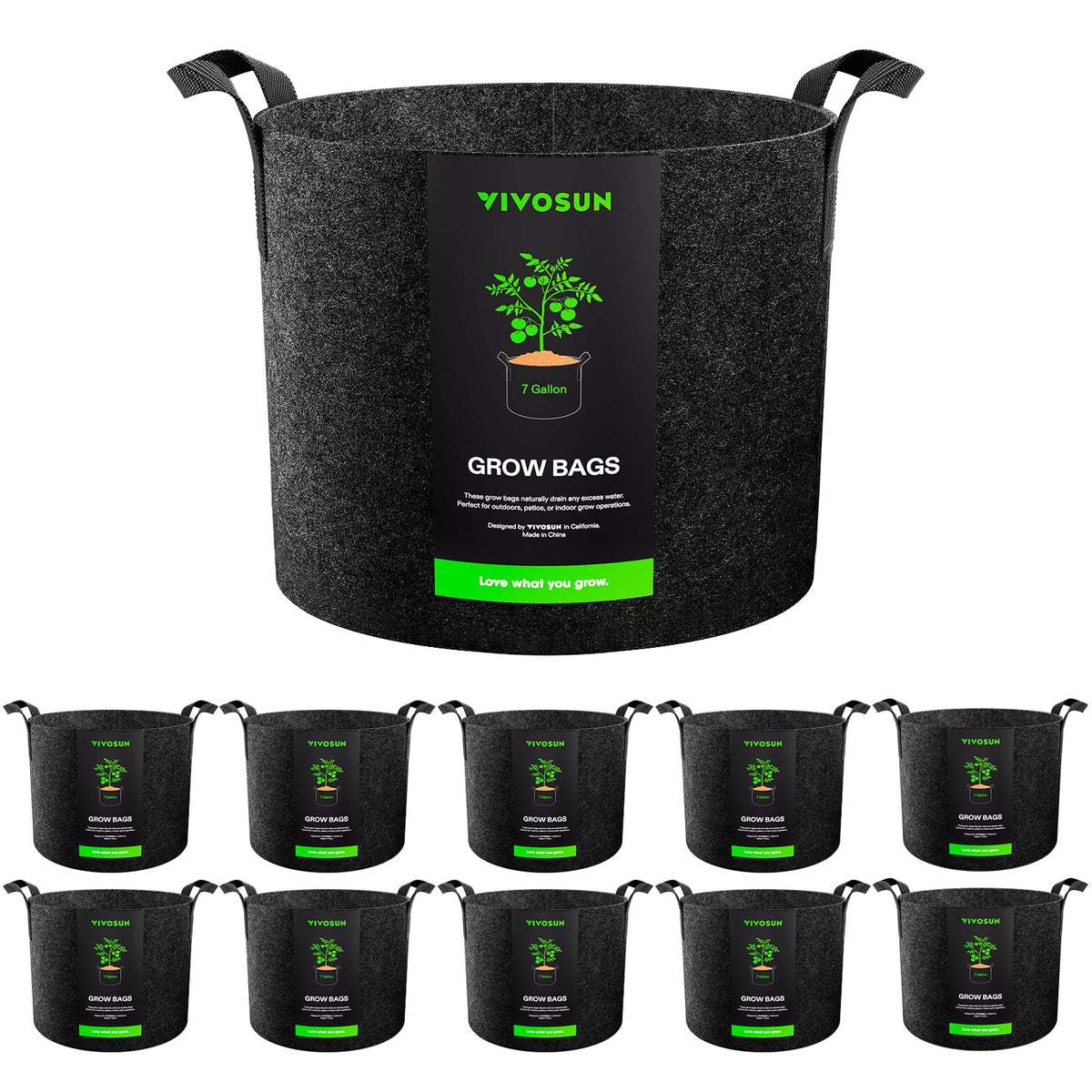 VIVOSUN front view of 10-pack grow bags showing packaging and quantity benefit