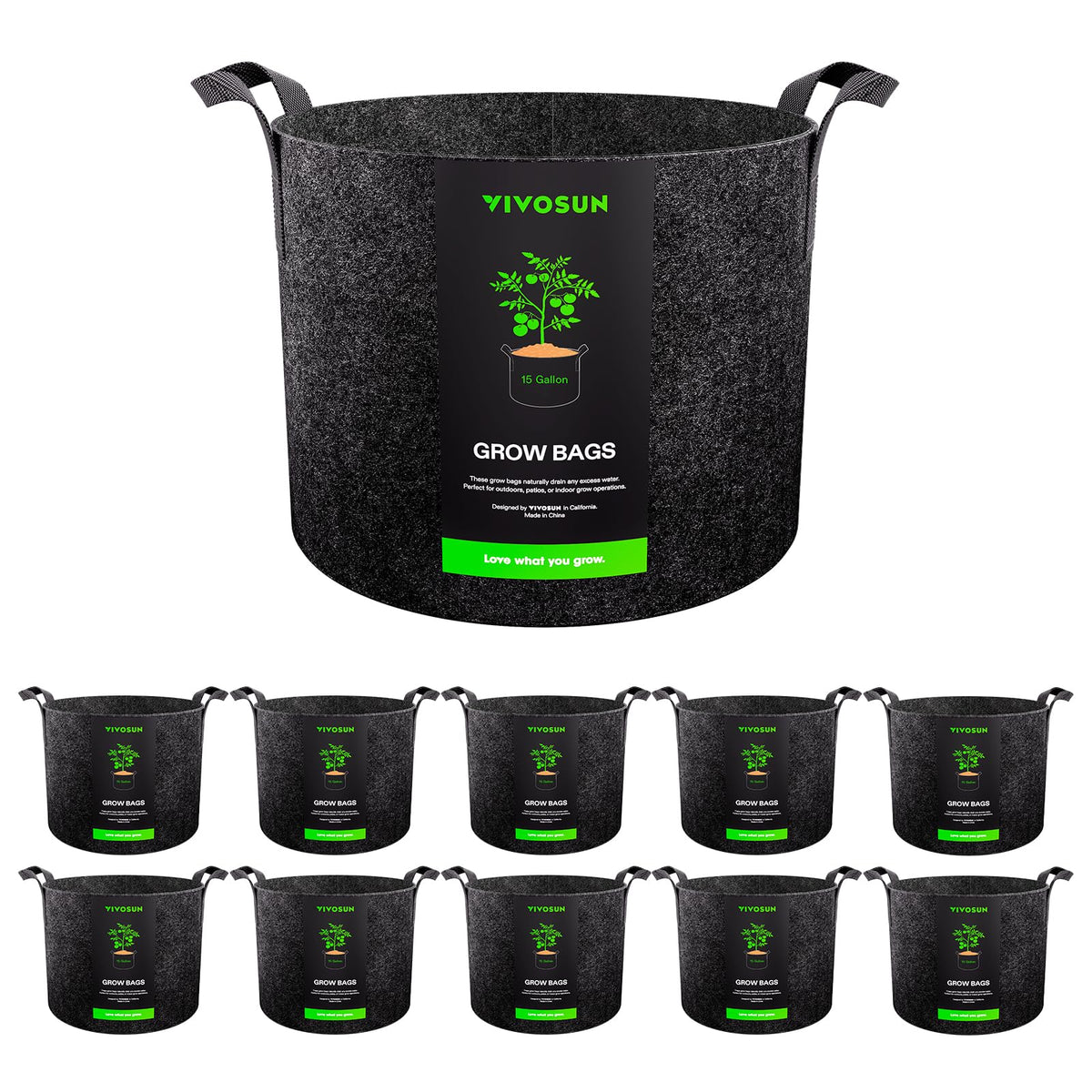 VIVOSUN front view of 10-pack fabric grow bags showing packaging and quantity benefits