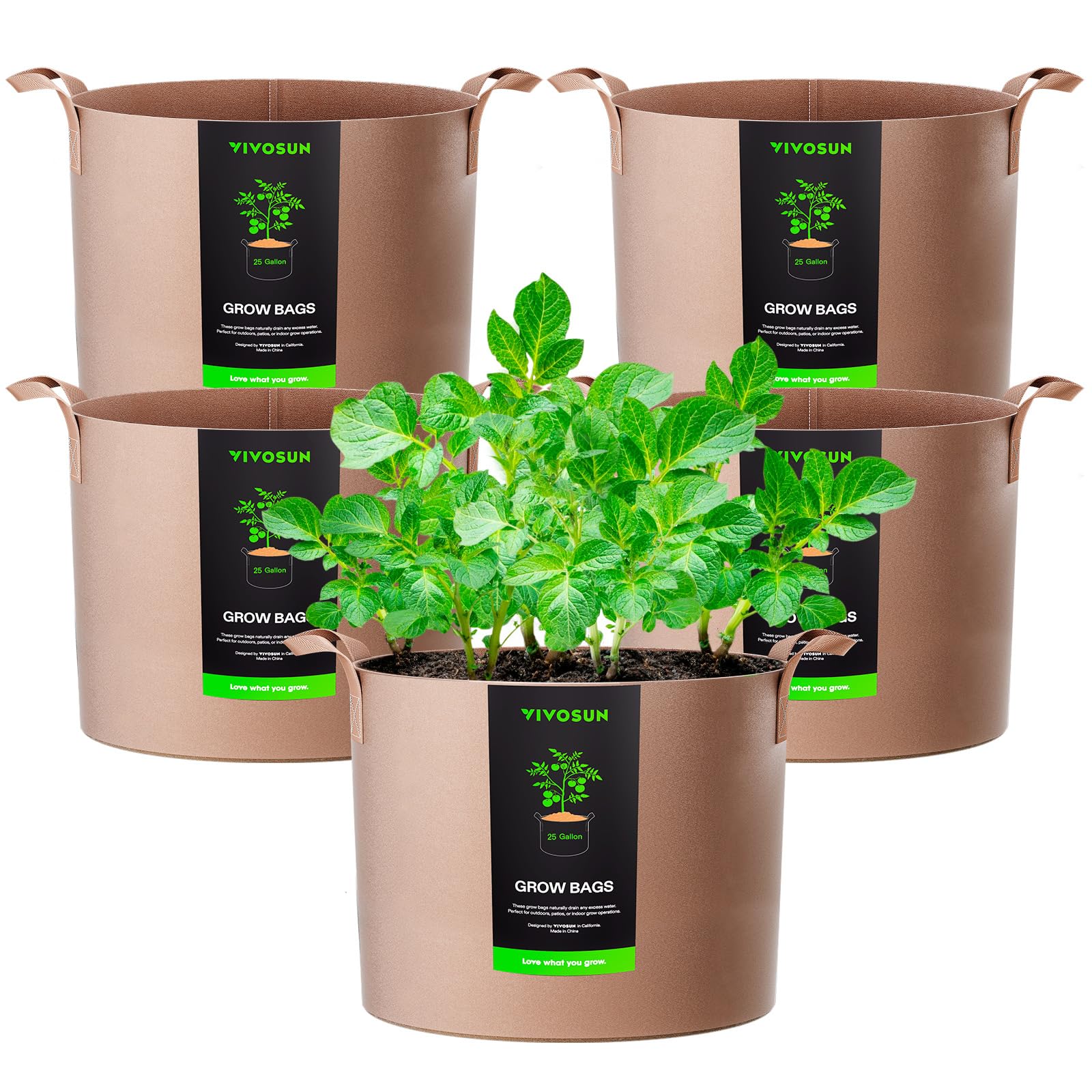 VIVOSUN front view of 5-pack 25 gallon fabric grow bags showing capacity and packaging benefits