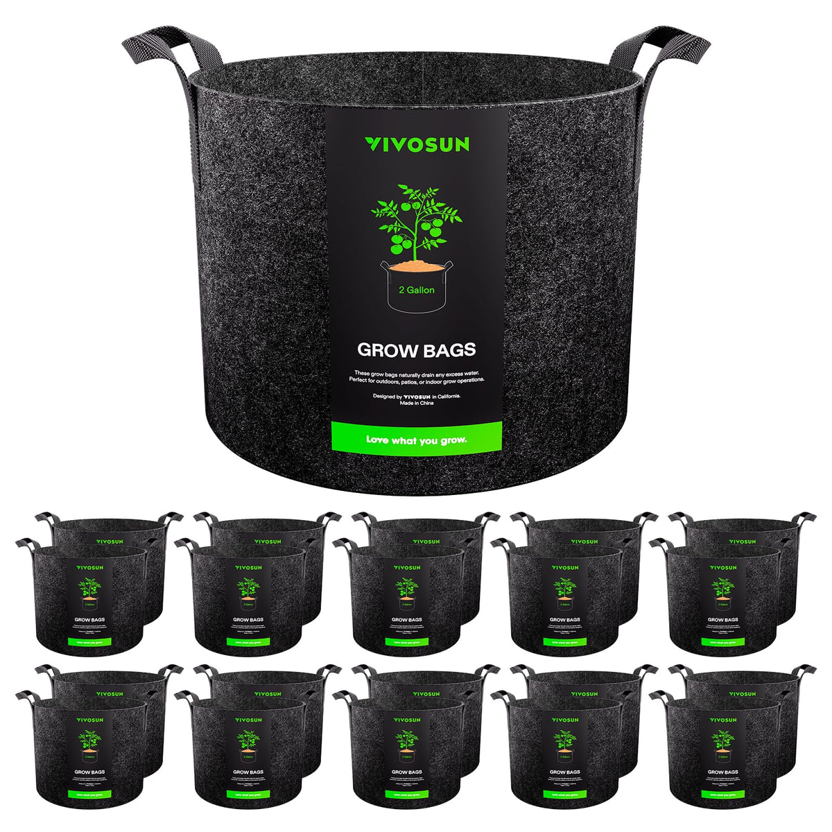 VIVOSUN front view of 20-pack 2-gallon grow bags showing durable set benefits