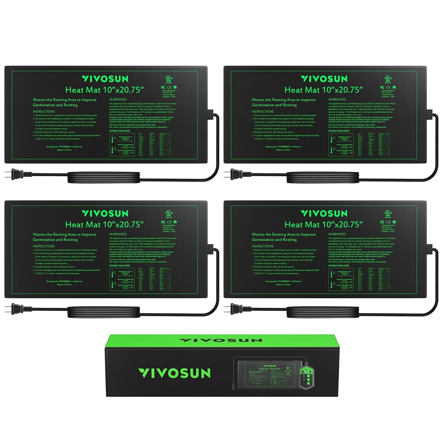 VIVOSUN front view of 4-pack heat mats showing compact packaging and convenience