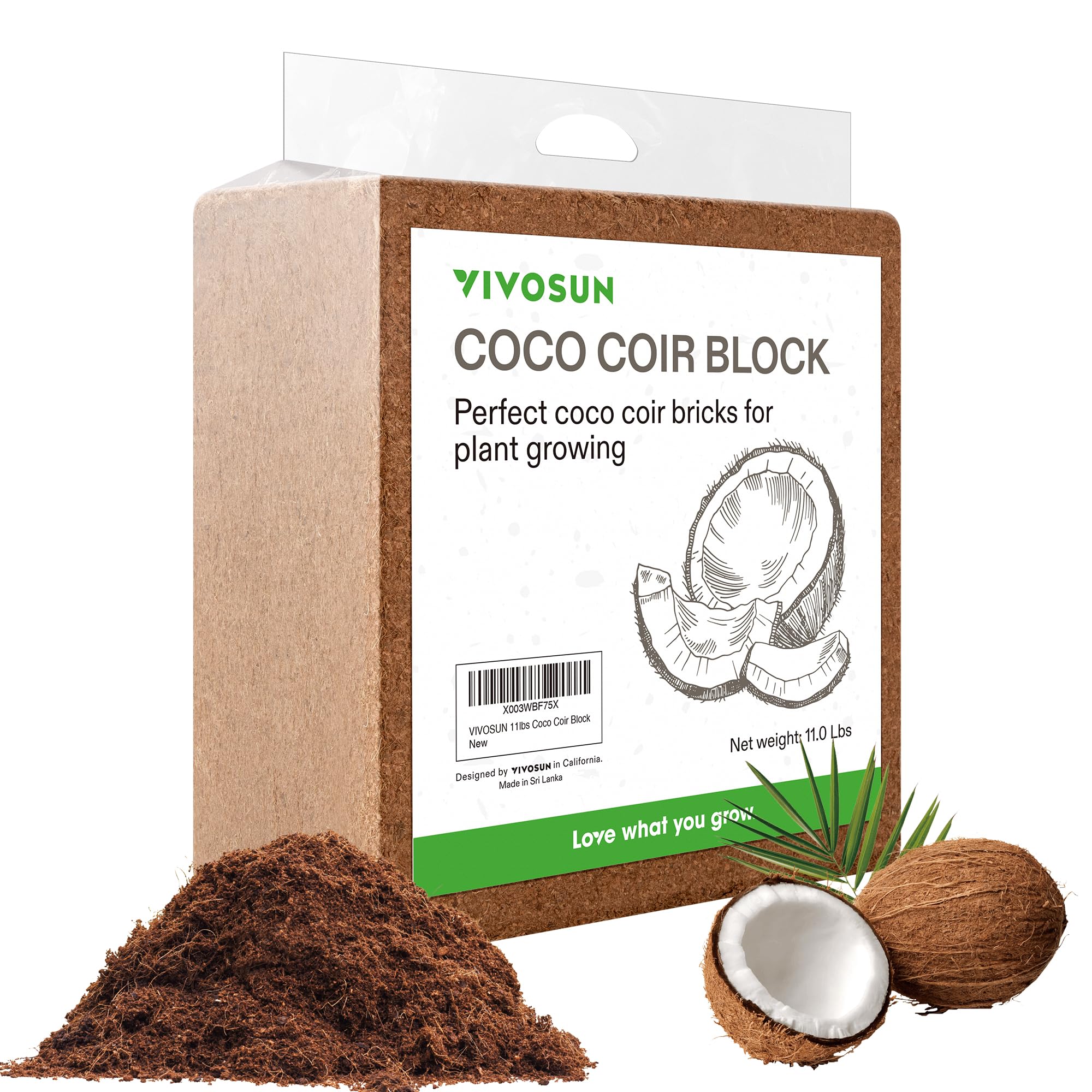 VIVOSUN front packaging of 11lbs coco coir brick showing compact bag and handle, easy storage