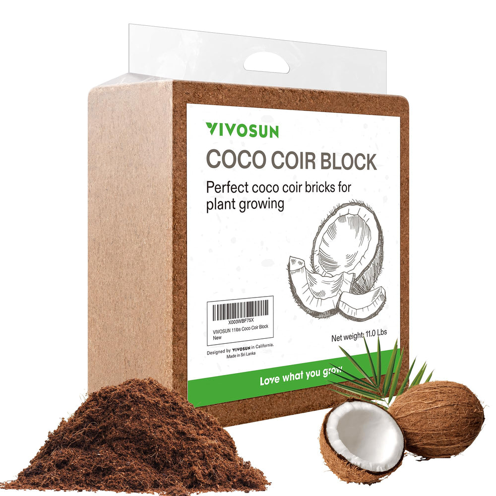 VIVOSUN front packaging of 11lbs coco coir brick showing compact bag and handle, easy storage
