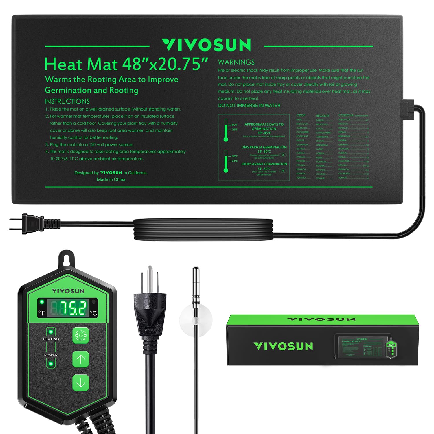 VIVOSUN front view of heat mat and thermostat showing compact, space-saving benefit