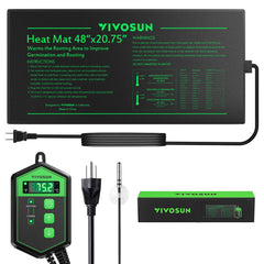 VIVOSUN front view of heat mat and thermostat showing compact, space-saving benefit