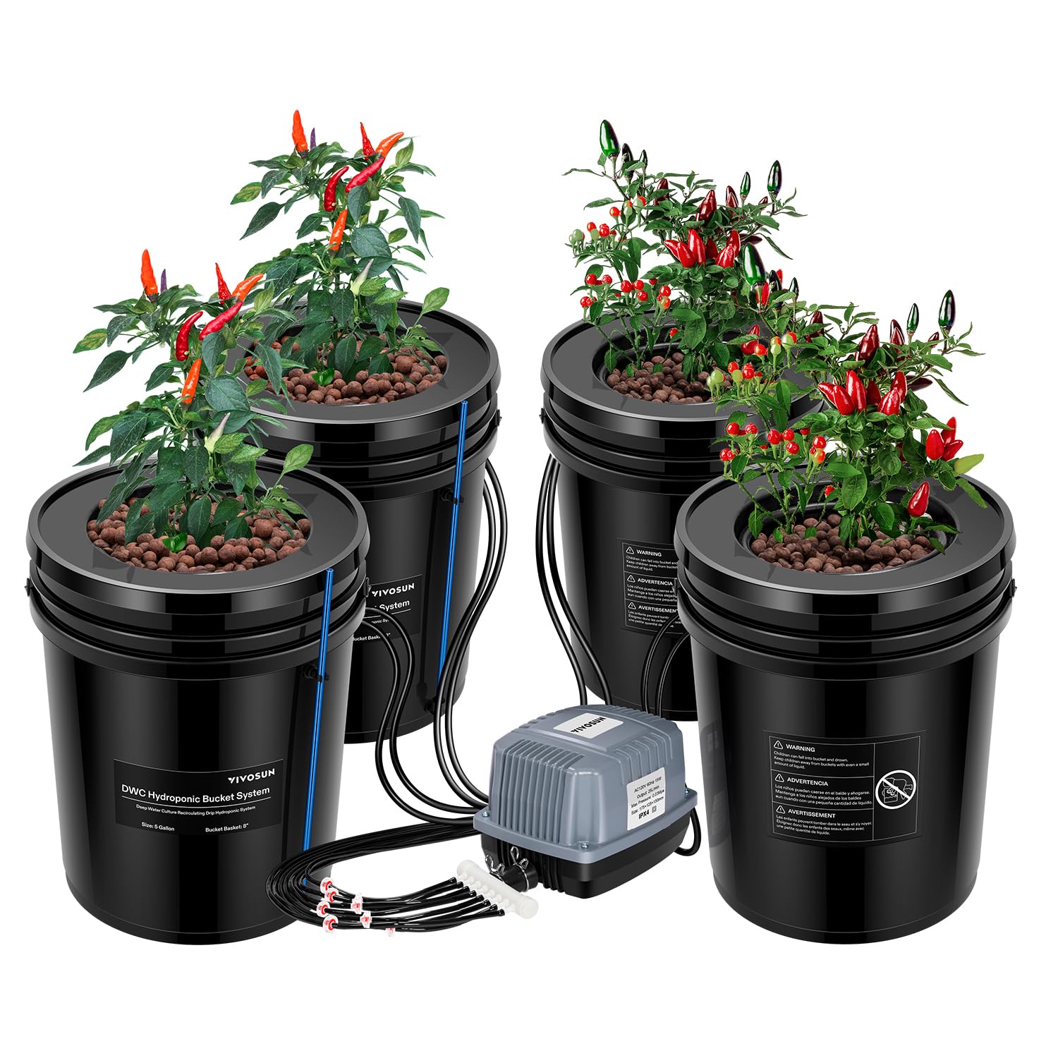 VIVOSUN front view of assembled 4-bucket kit showing complete setup and space savings