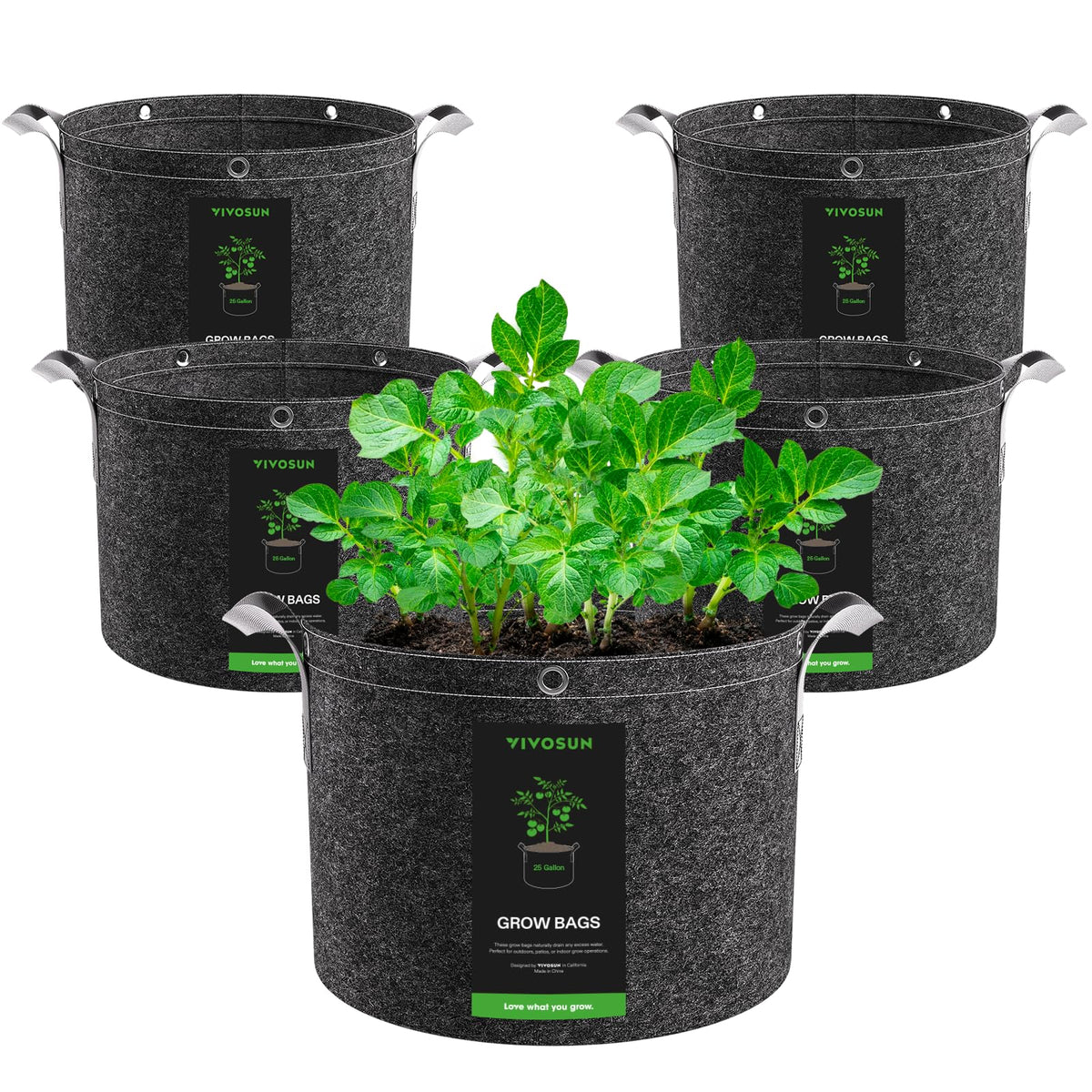 VIVOSUN front view of five 25 gallon fabric grow bags showing pack benefit