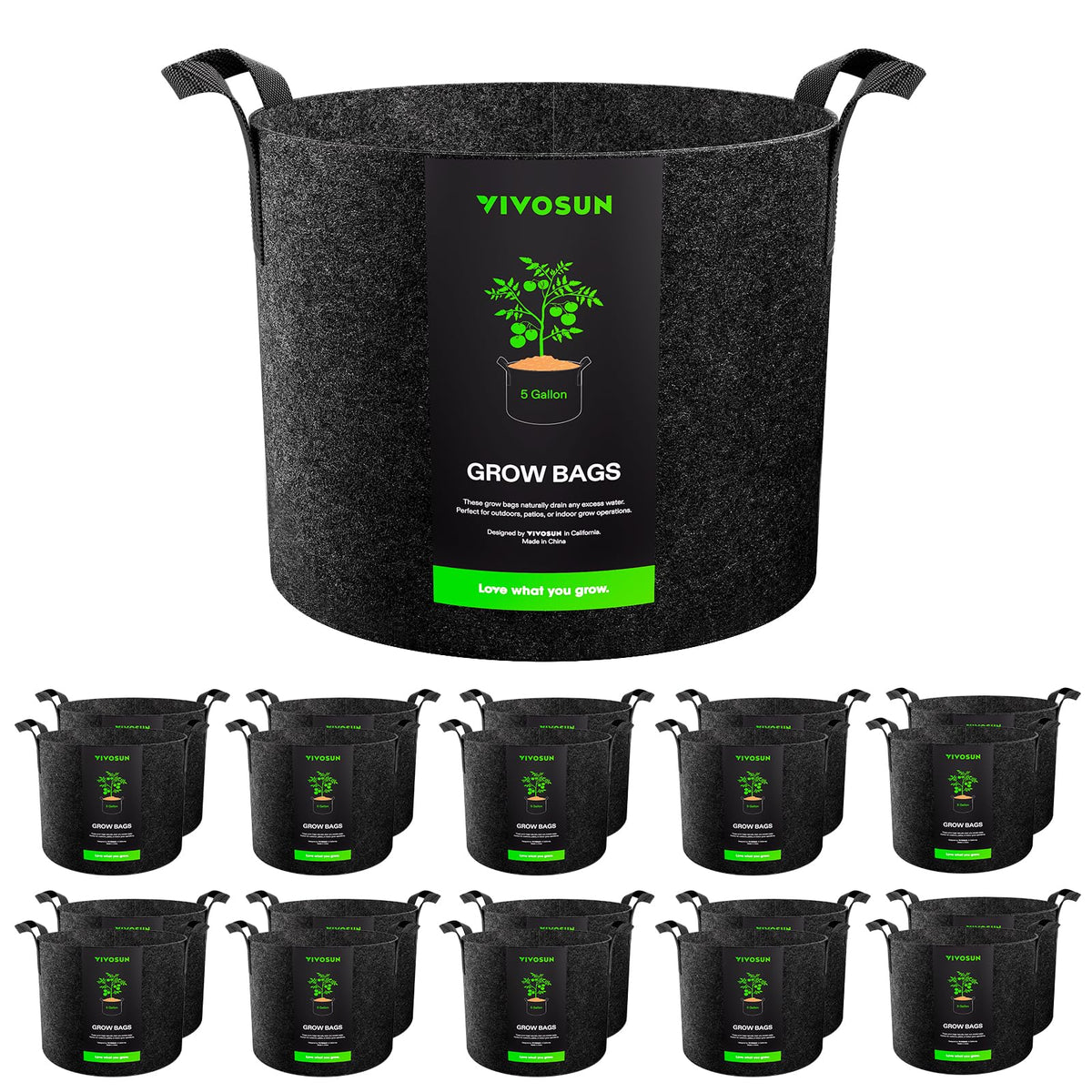 VIVOSUN front view of 20-pack fabric grow bags showing compact storage and convenience