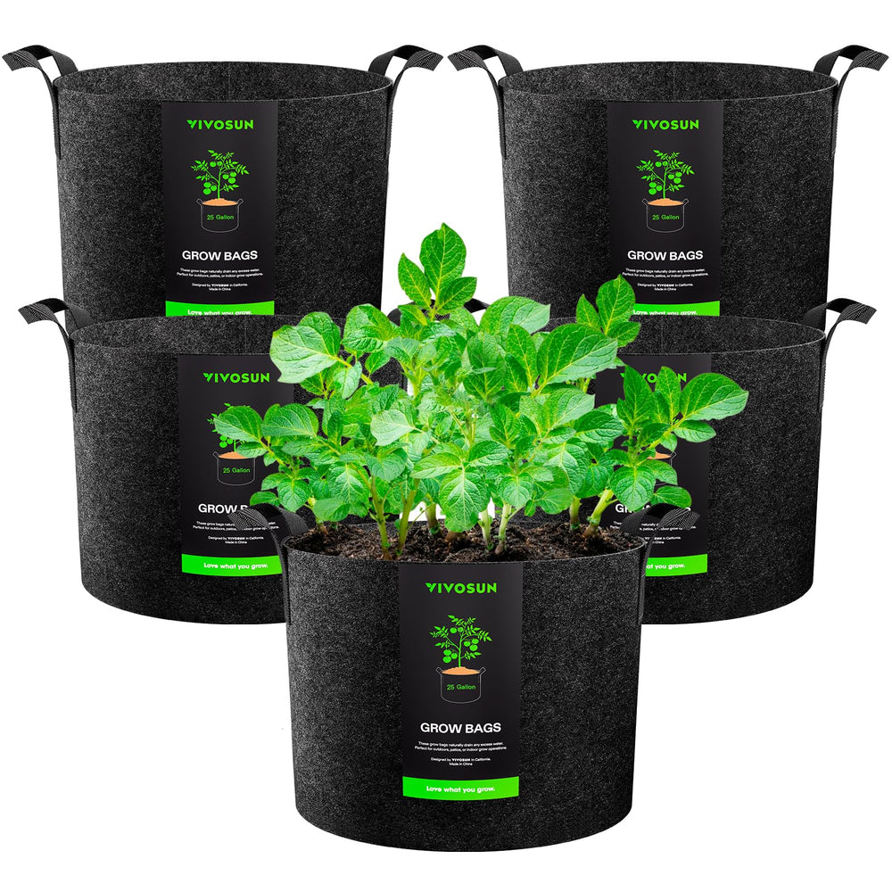 VIVOSUN front view of five 25 gallon grow bags showing portability and set size benefit