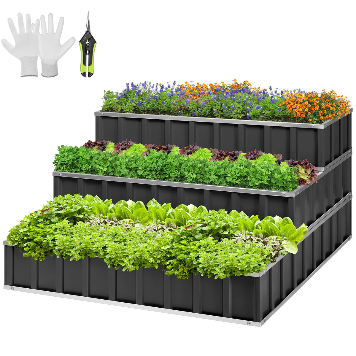 VIVOSUN front view of 3-tier raised garden bed showing compact footprint and organized planting benefit