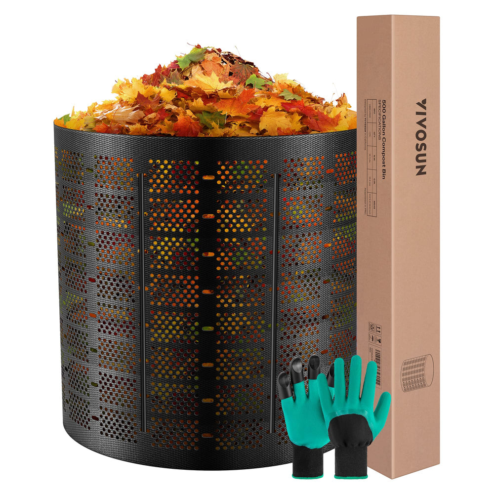VIVOSUN front view showing full 500 gallon capacity and organized composting benefit