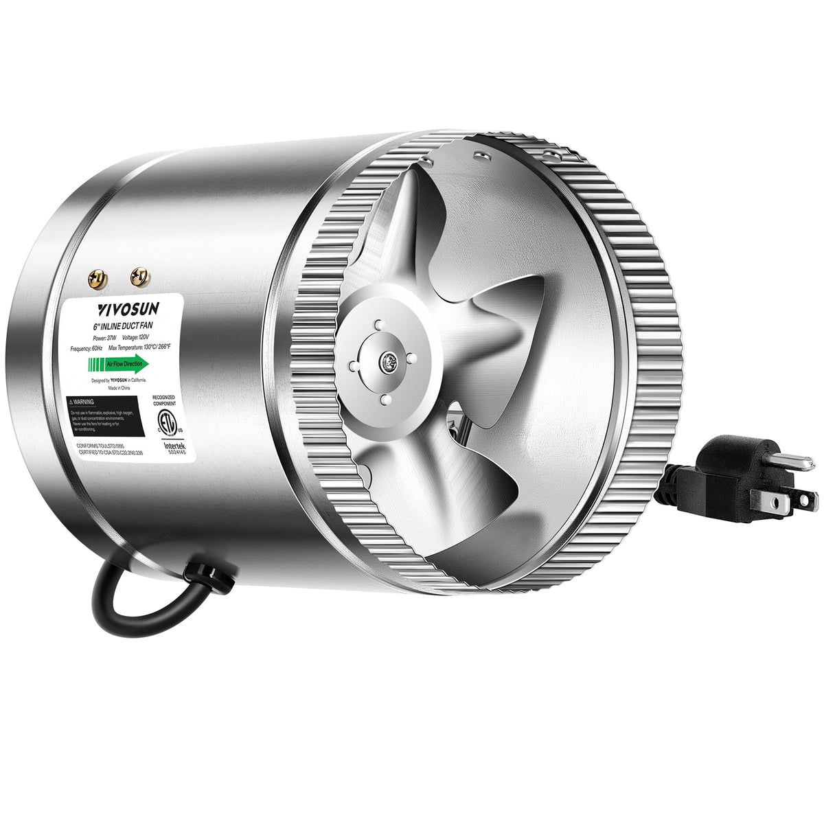 VIVOSUN front view inline fan showing compact durable casing and quiet benefit