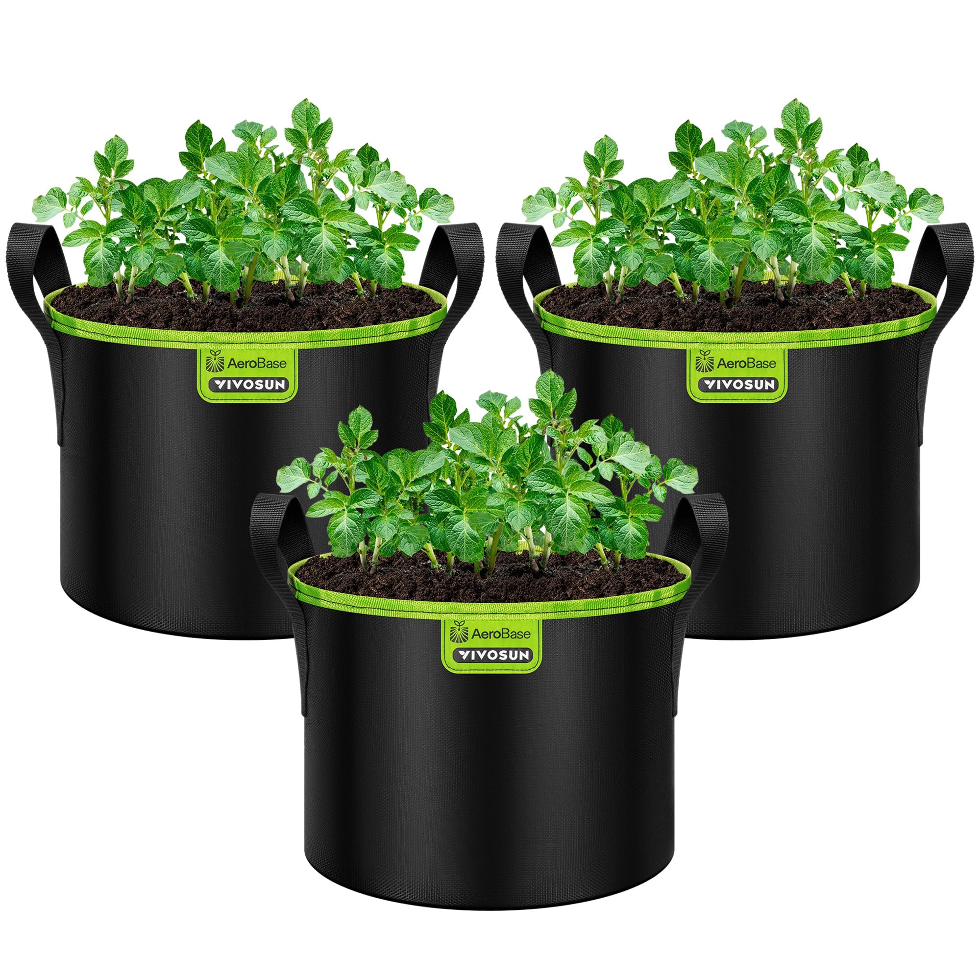 VIVOSUN front view of 3-pack grow bags showing packaging and capacity benefits