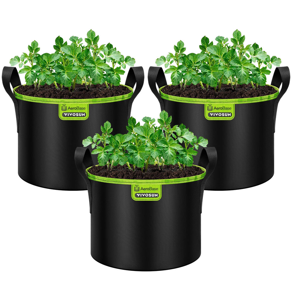 VIVOSUN front view of 3-pack grow bags showing packaging and capacity benefits