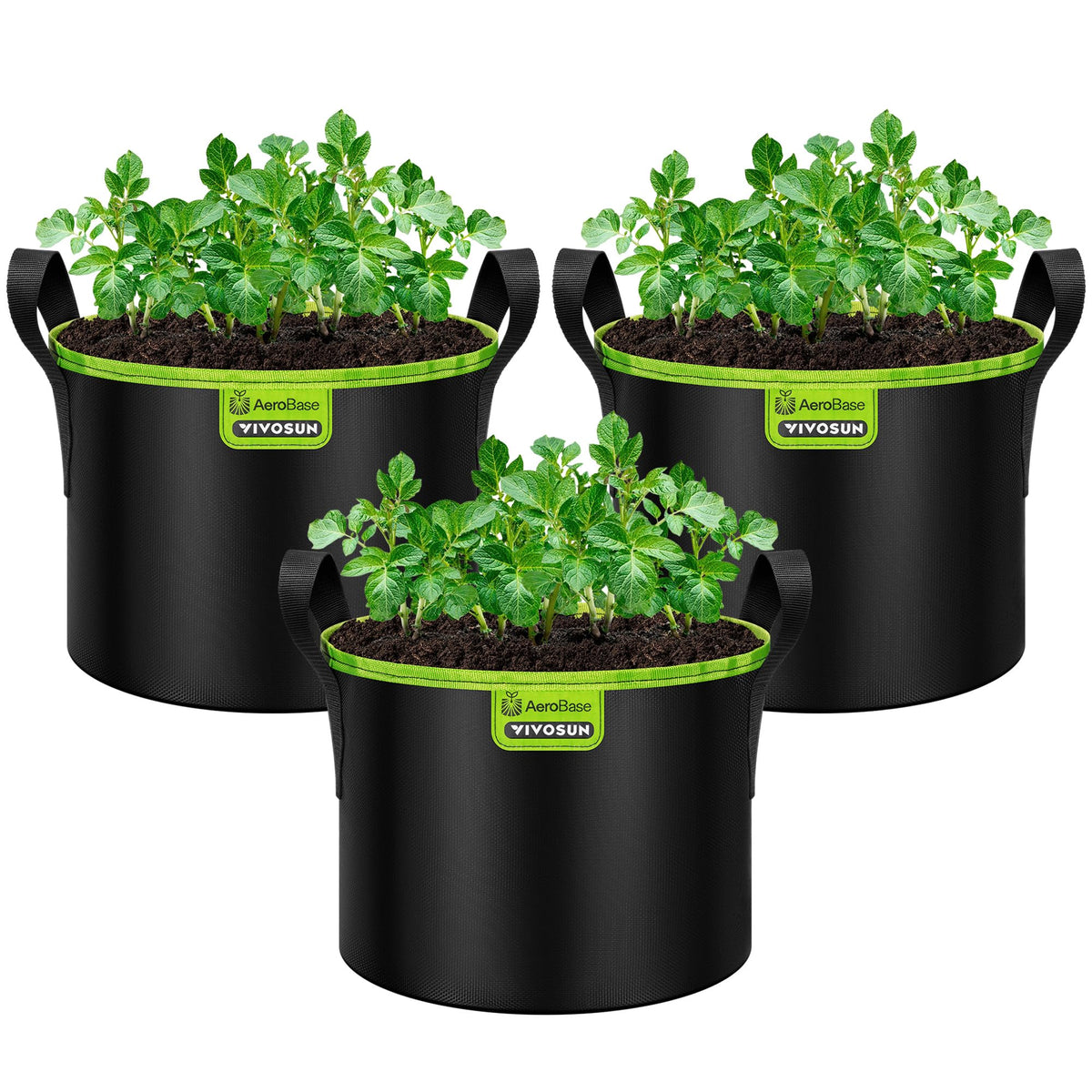 VIVOSUN front view of 3-pack grow bags showing packaging and capacity benefits
