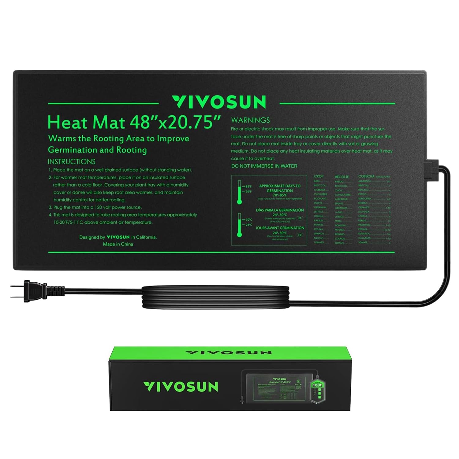 VIVOSUN vista frontal del tapete calefactor mostrando tamaño y diseño, facilita la germinación