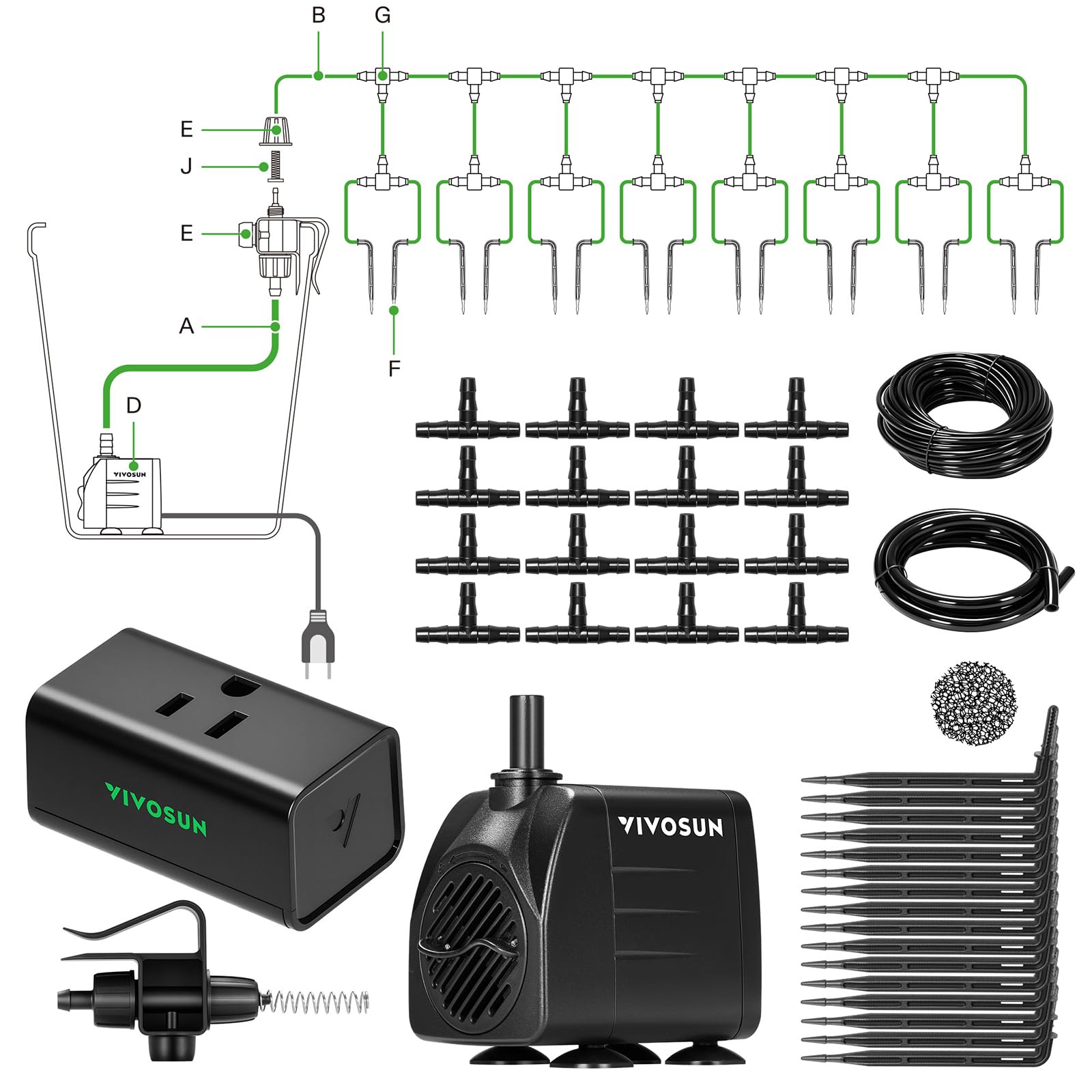 VIVOSUN vista frontal del kit completo mostrando componentes y beneficio de control inteligente