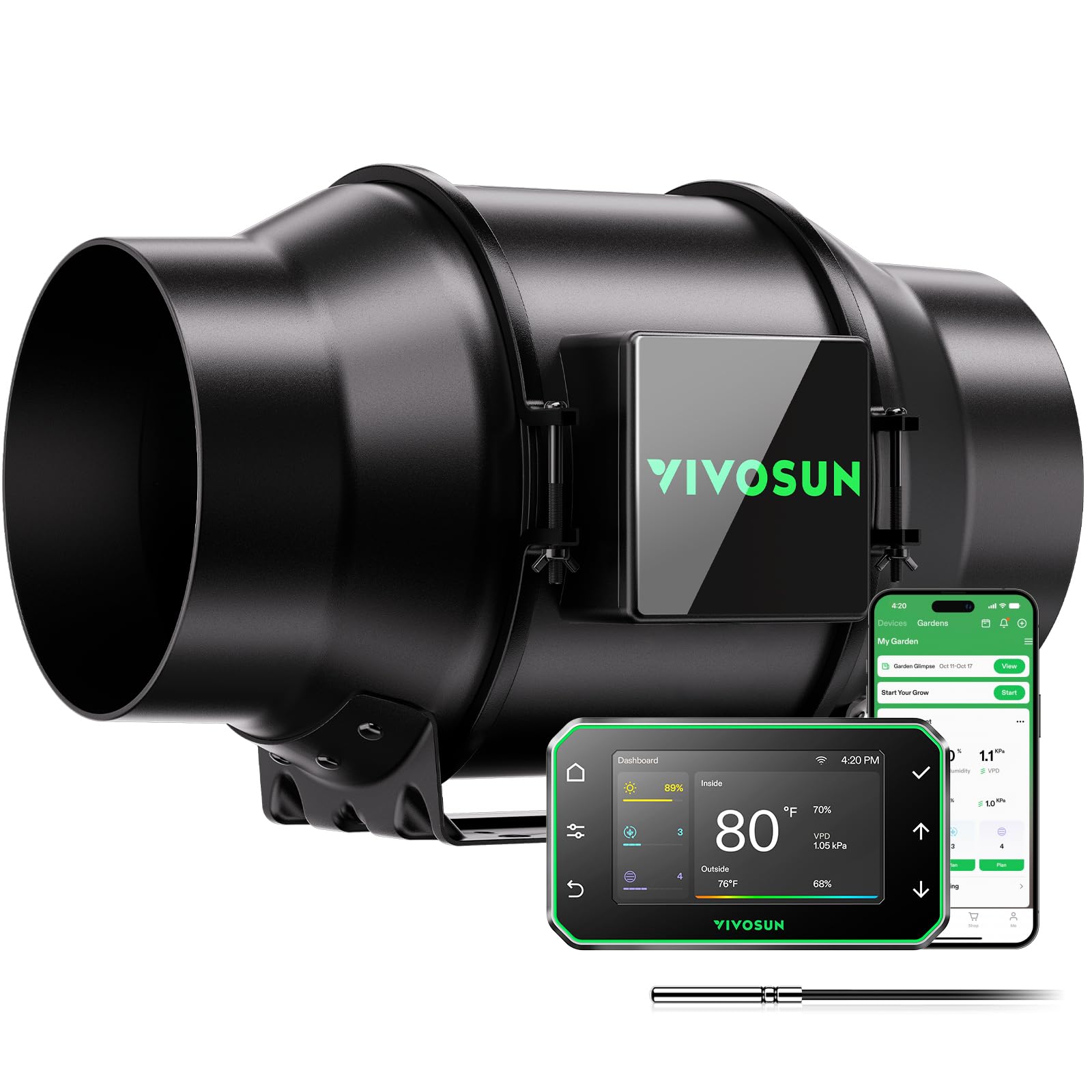 VIVOSUN G6 front view showing compact inline fan and airflow benefit