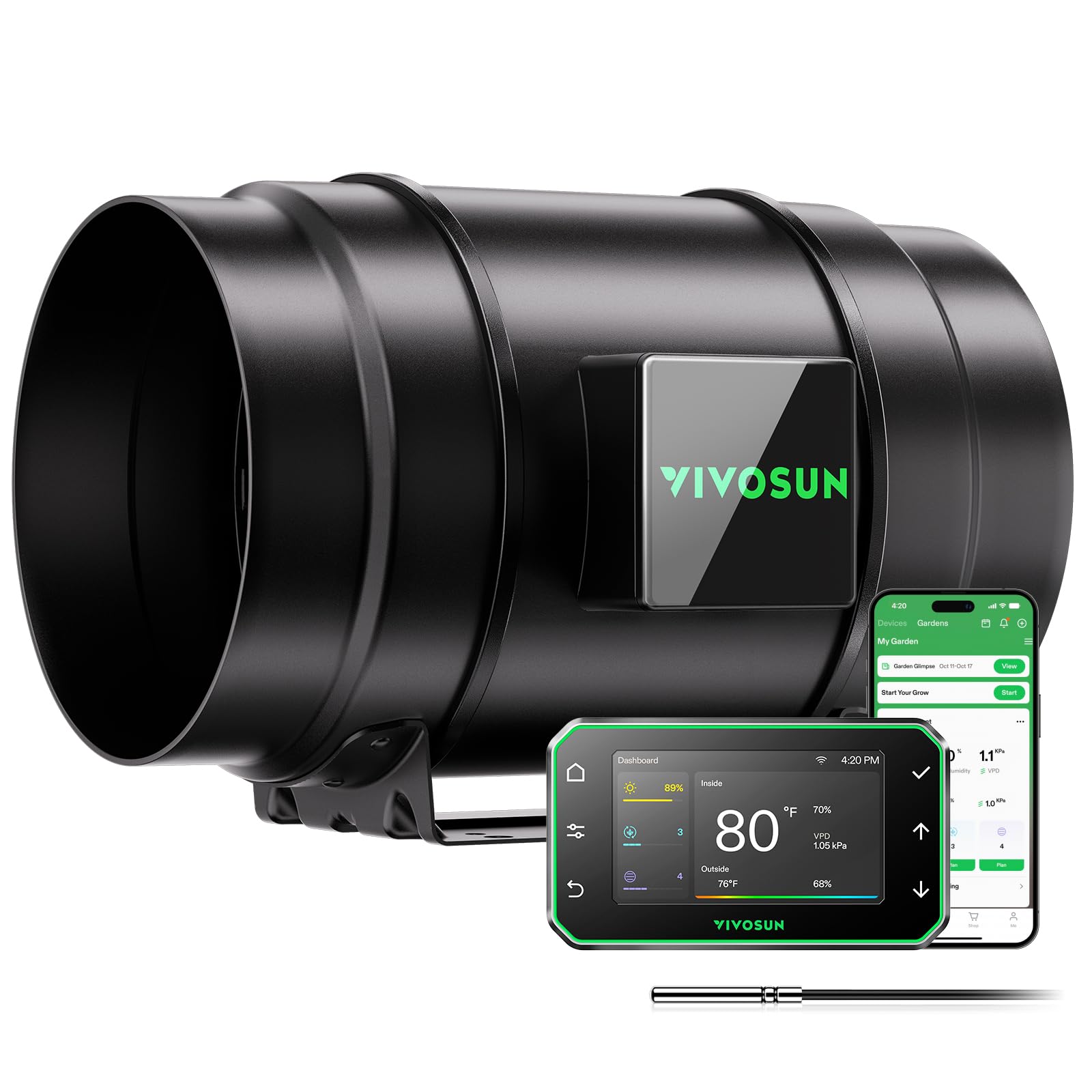 VIVOSUN G8 front view showing compact inline fan and stable airflow performance