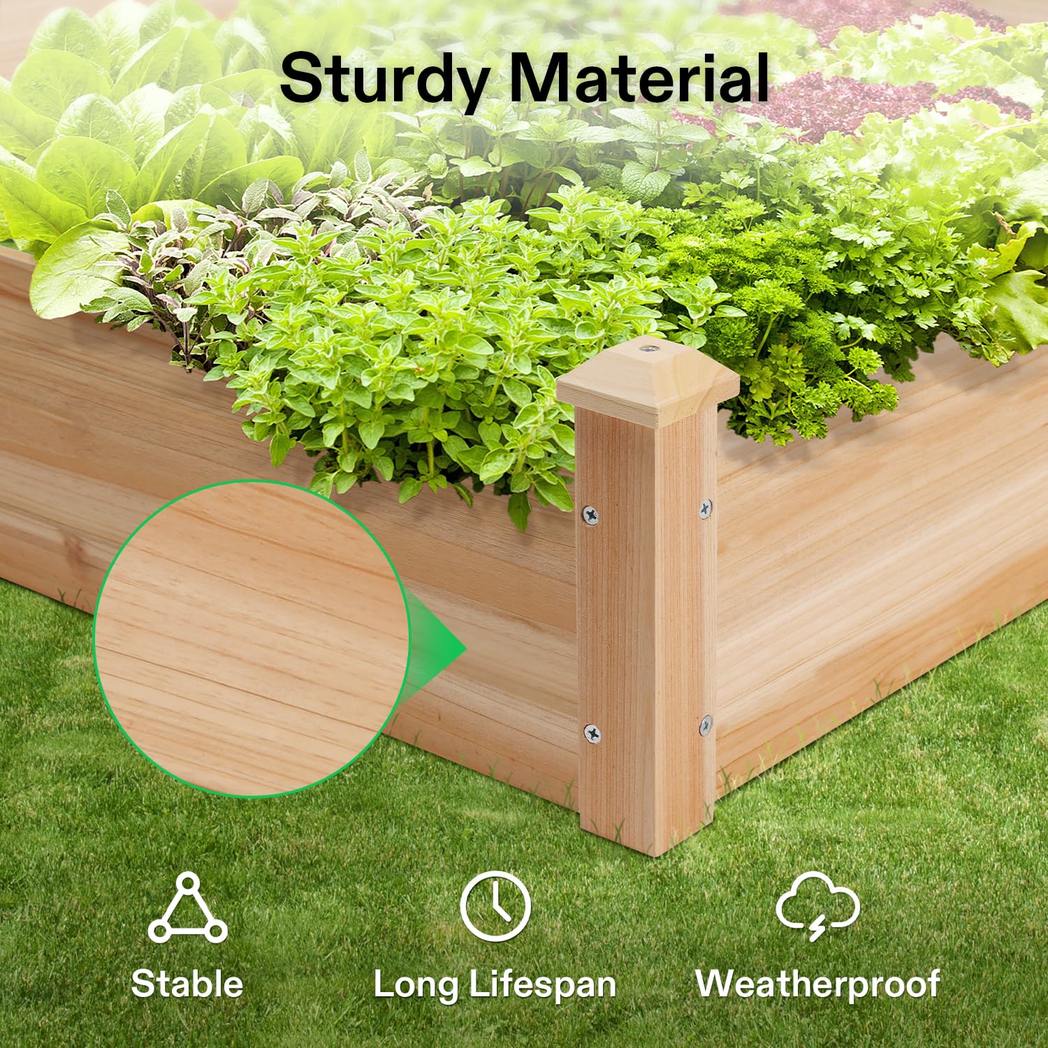 VIVOSUN raised bed beside measuring tape illustrating 42.5 by 34.5 inch footprint for scale