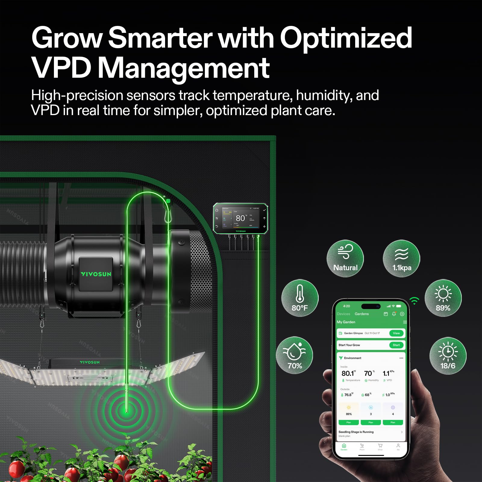 VIVOSUN inline fan inside grow tent showing improved ventilation and plant health