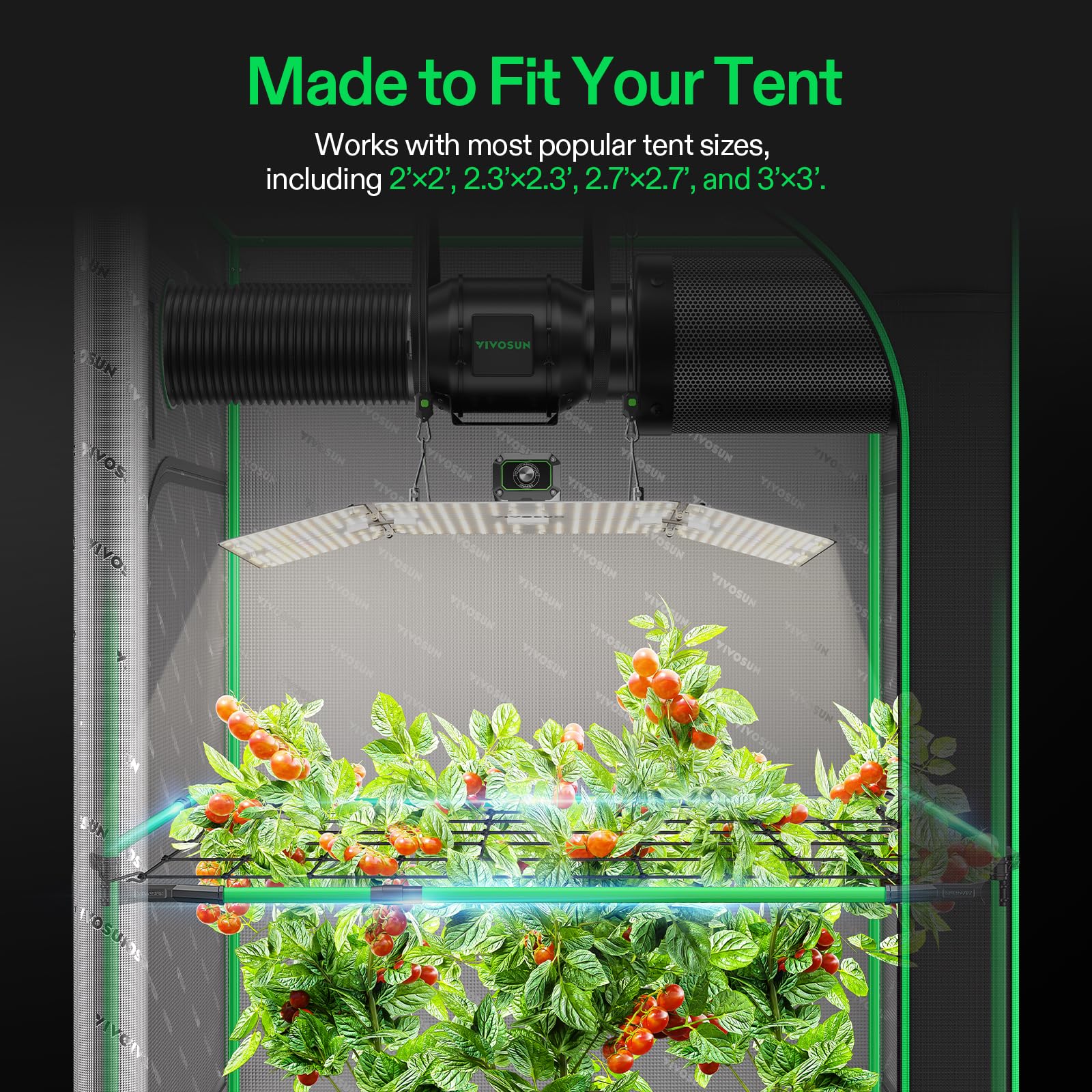 VIVOSUN kit installed inside a 3x3 tent securing high-CFM ventilation safely