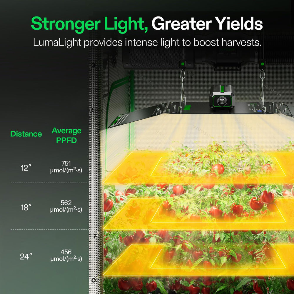 VIVOSUN fixture installed in a grow tent providing uniform light across multiple plant trays