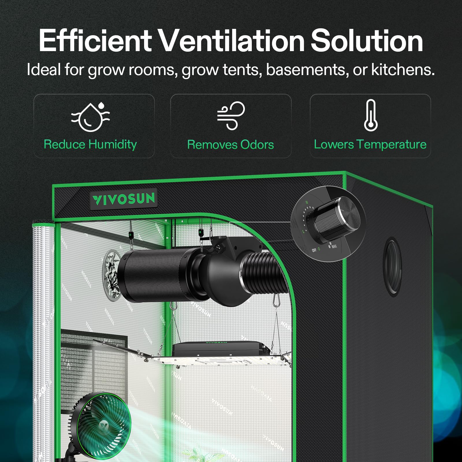 VIVOSUN M4 mounted in a grow tent demonstrating quiet extraction benefit