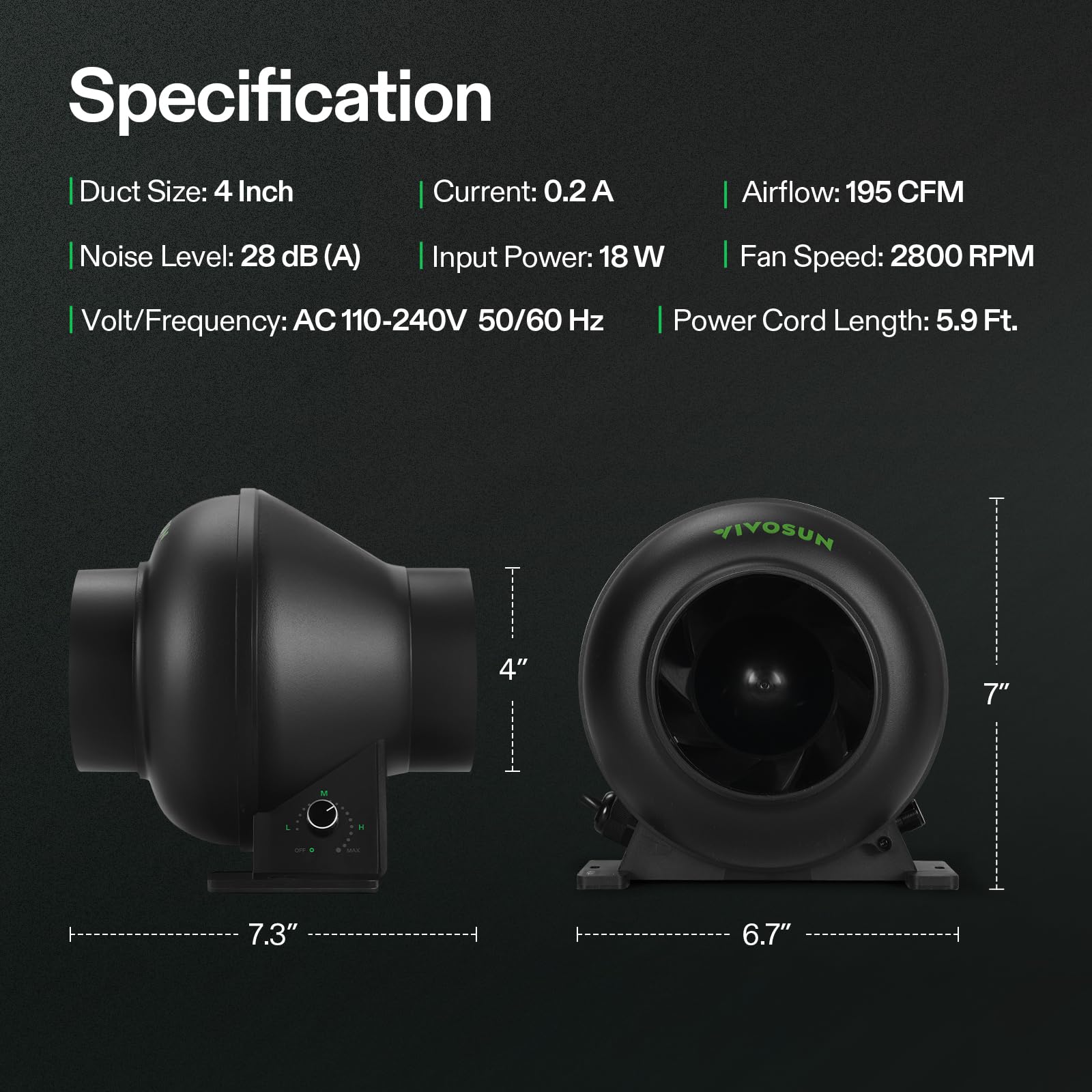 VIVOSUN M4 next to 4-inch duct showing compact size for tight installations