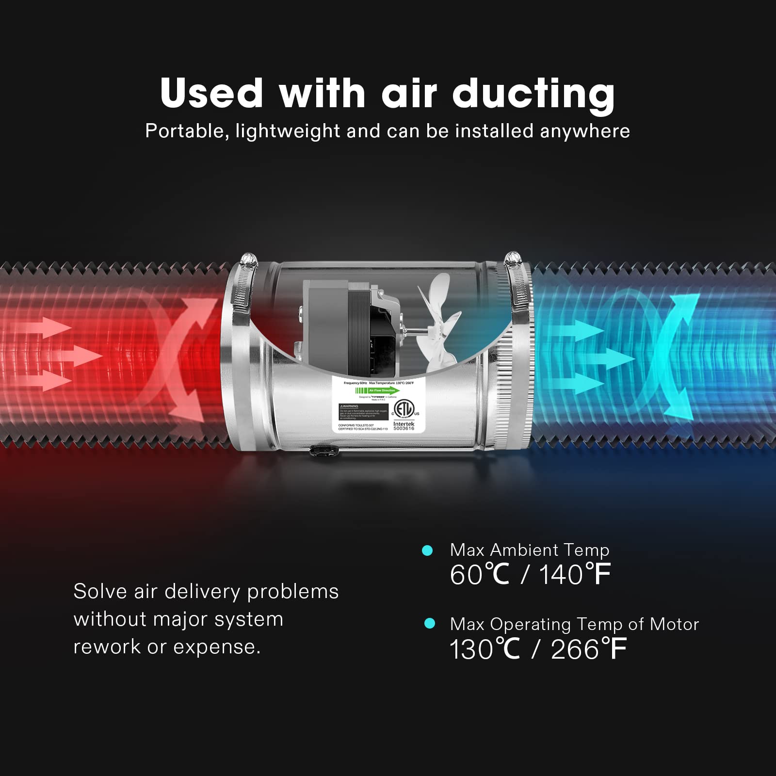 VIVOSUN fan installed in duct setup illustrating easy inline mounting and improved ventilation