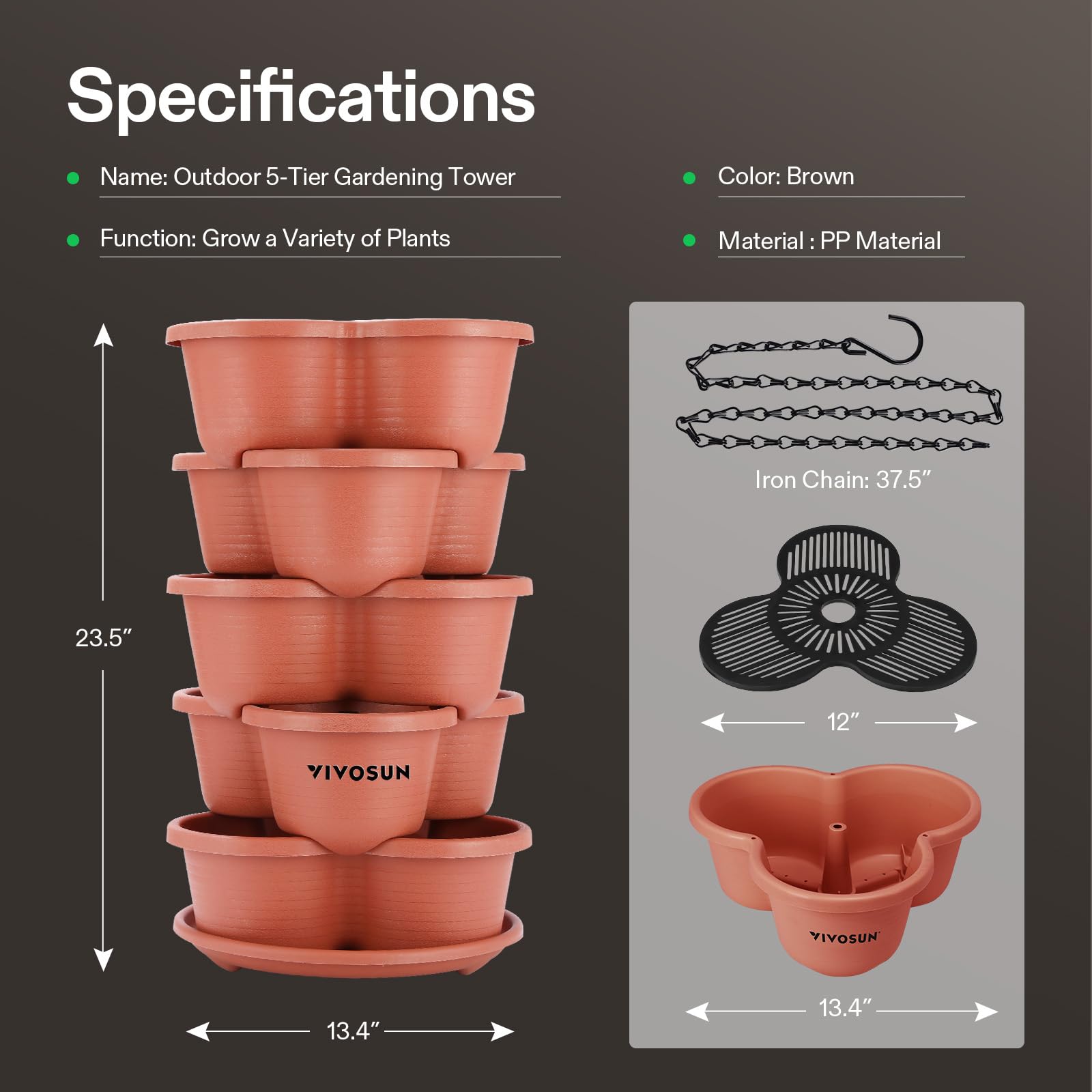 VIVOSUN planter mounted on pole with chains illustrating versatile hanging installation benefit