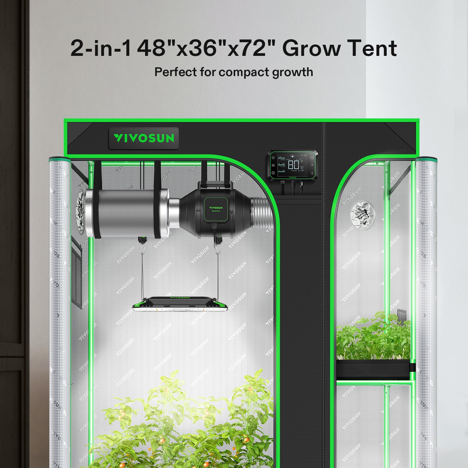 VIVOSUN interior with open partitions showing separate propagation and flowering chambers