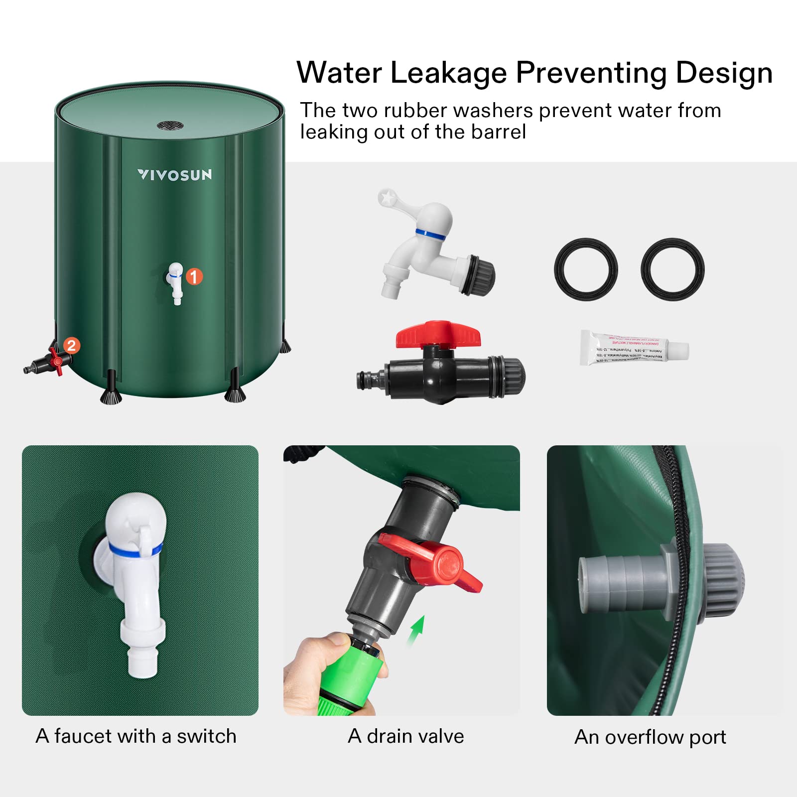 VIVOSUN filled rain barrel beside garden beds demonstrating on-site water storage convenience
