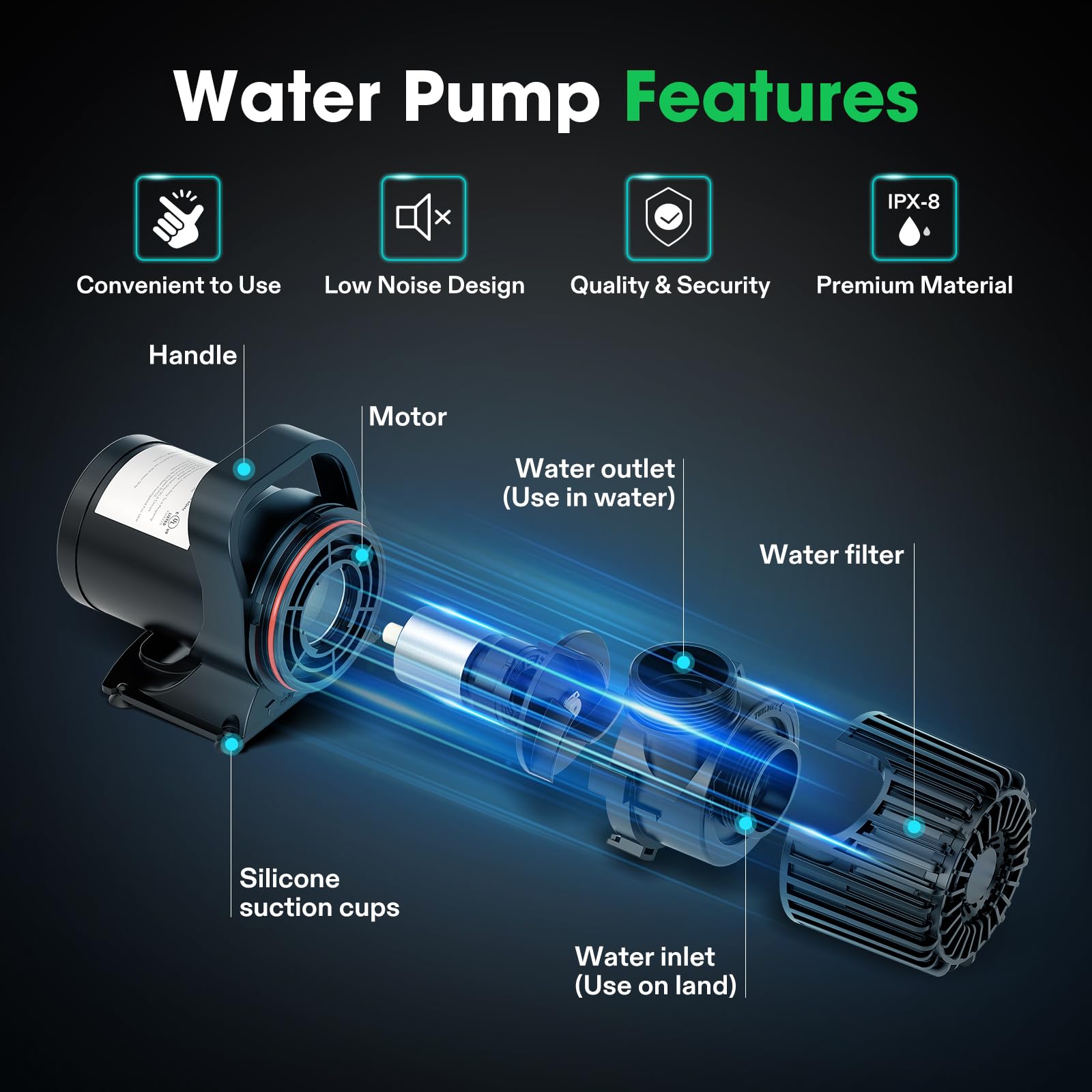 VIVOSUN pump side profile with visible outlet demonstrating adjustable water direction