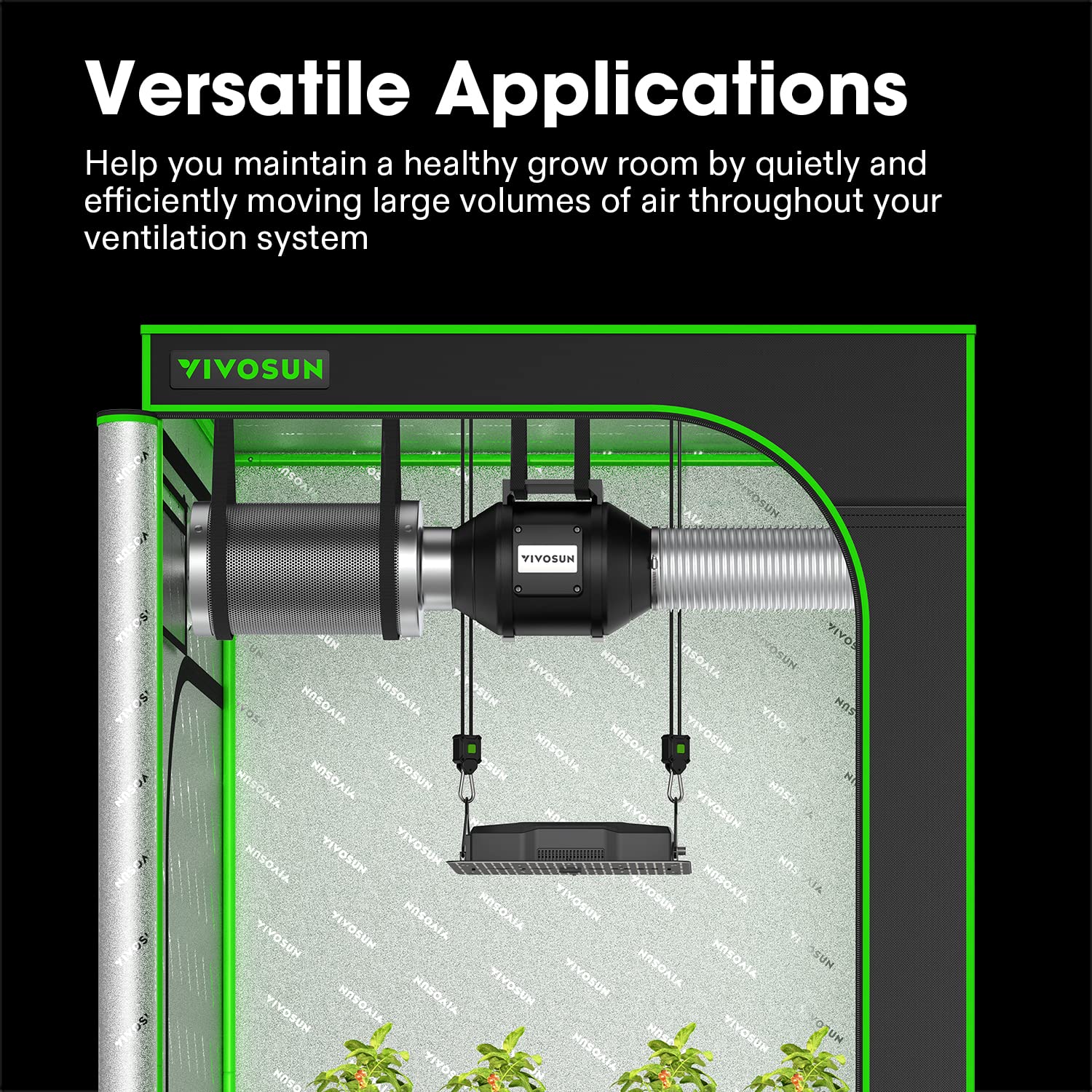 VIVOSUN R6 side profile highlighting reinforced plastic housing for durable, low-vibration operation