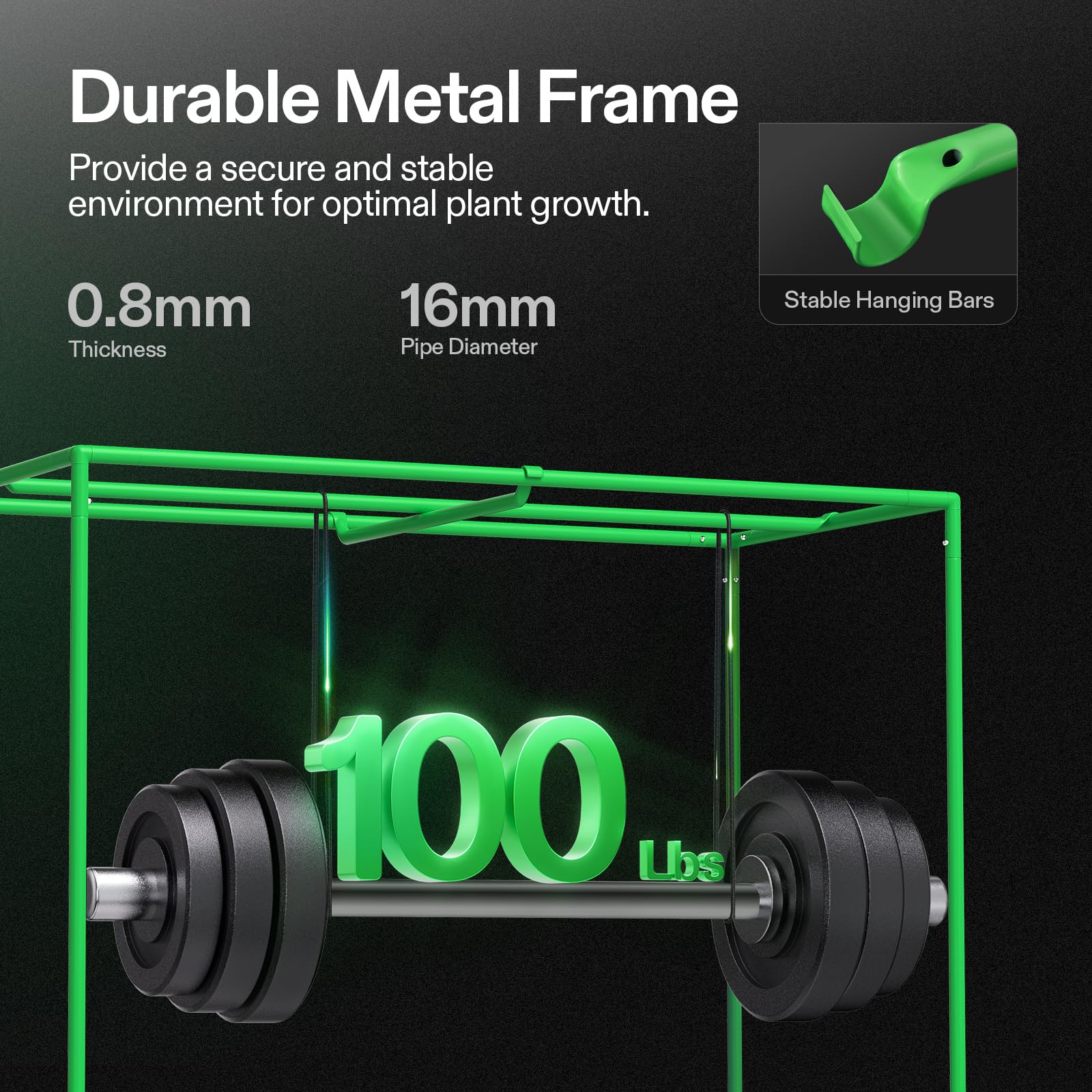 VIVOSUN S425 metal poles and tool-free connectors offering sturdy support for heavy equipment