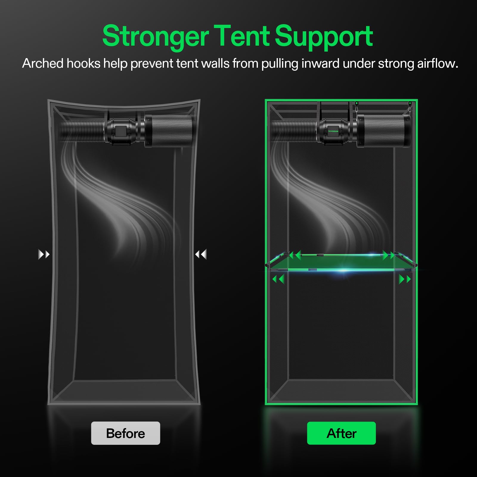 VIVOSUN bars next to tent pole for quick scale comparison and fit verification