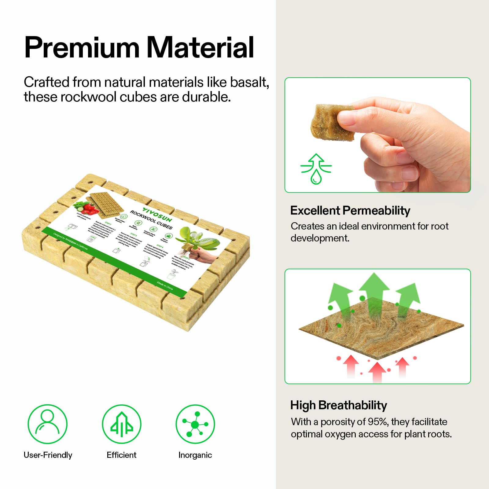 VIVOSUN close-up showing rockwool fibers and durable texture benefits