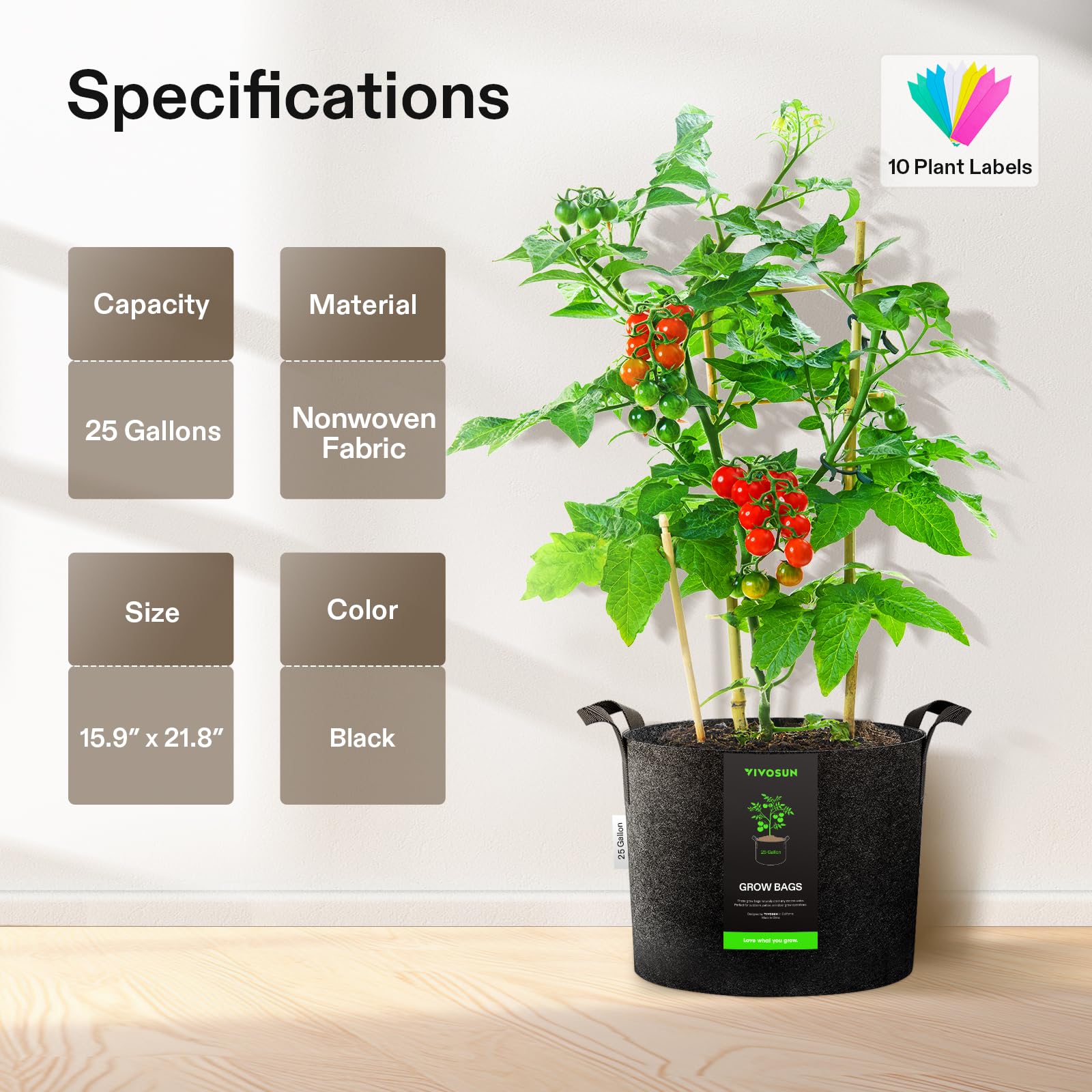 VIVOSUN 25 gallon bag beside common objects showing scale and capacity benefit