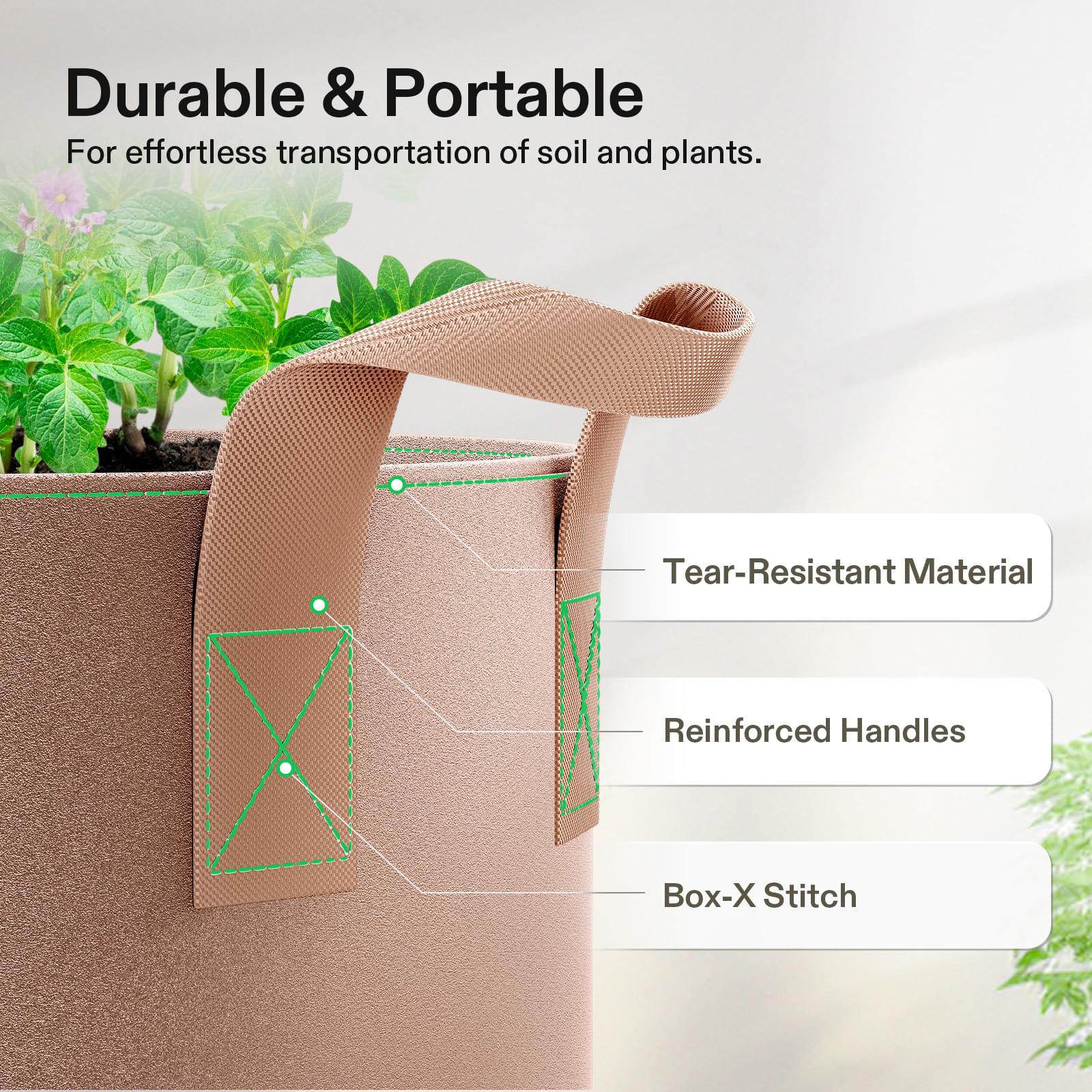 VIVOSUN grow bag next to common objects to show 25-gallon size and scale