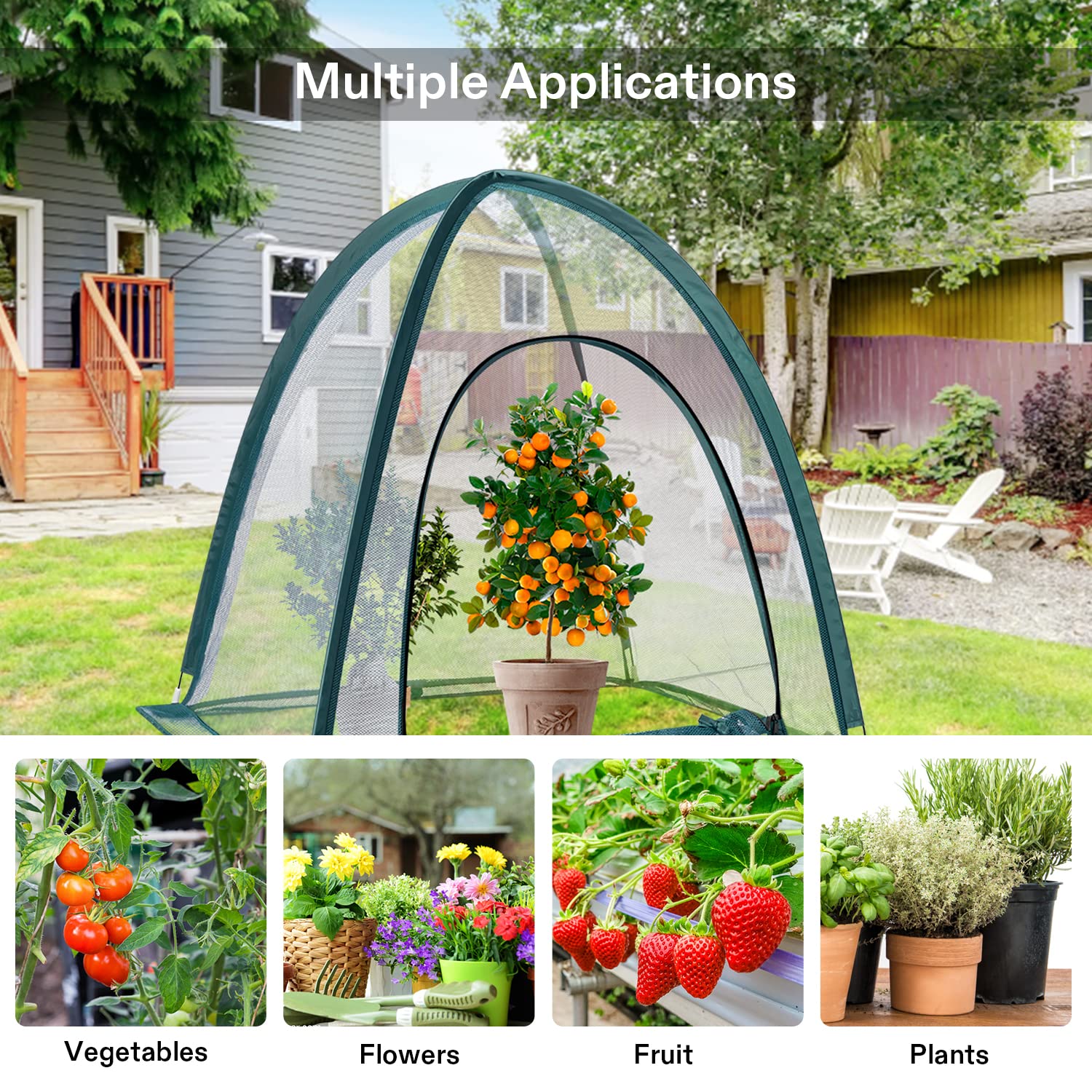 VIVOSUN cover next to garden tools showing scale and space-saving benefit