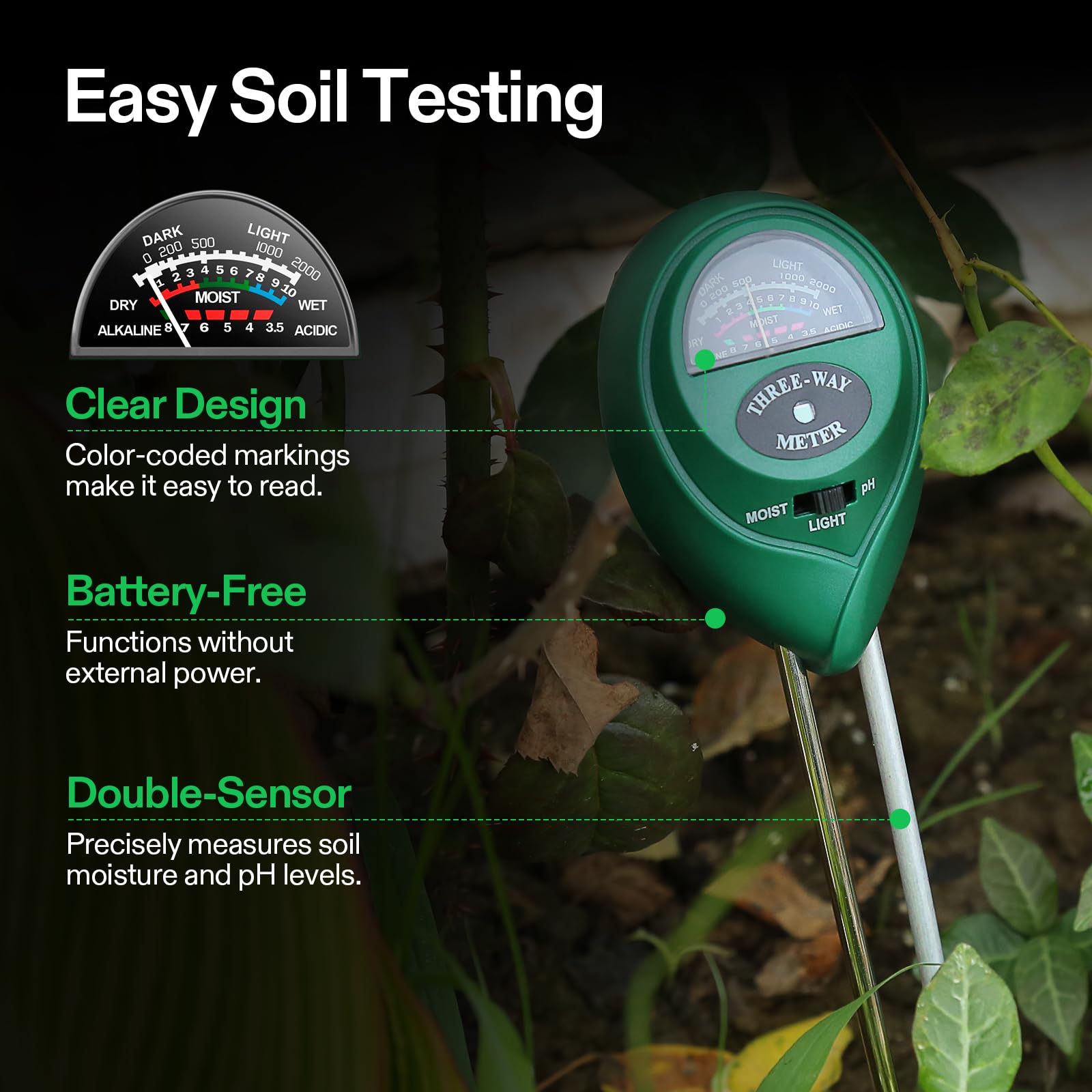 VIVOSUN soil tester inserted in plant pot to help determine watering needs