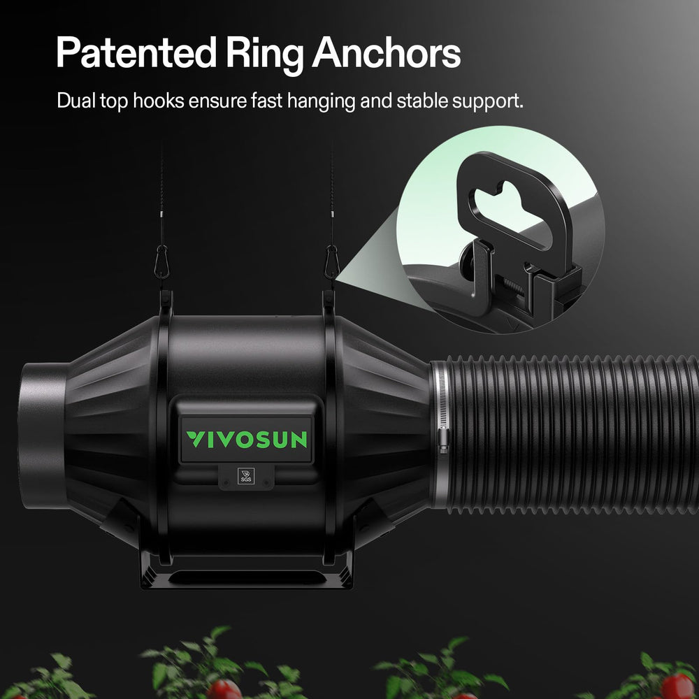 VIVOSUN stainless clamps and rope hangers detail for secure, low-leak connections