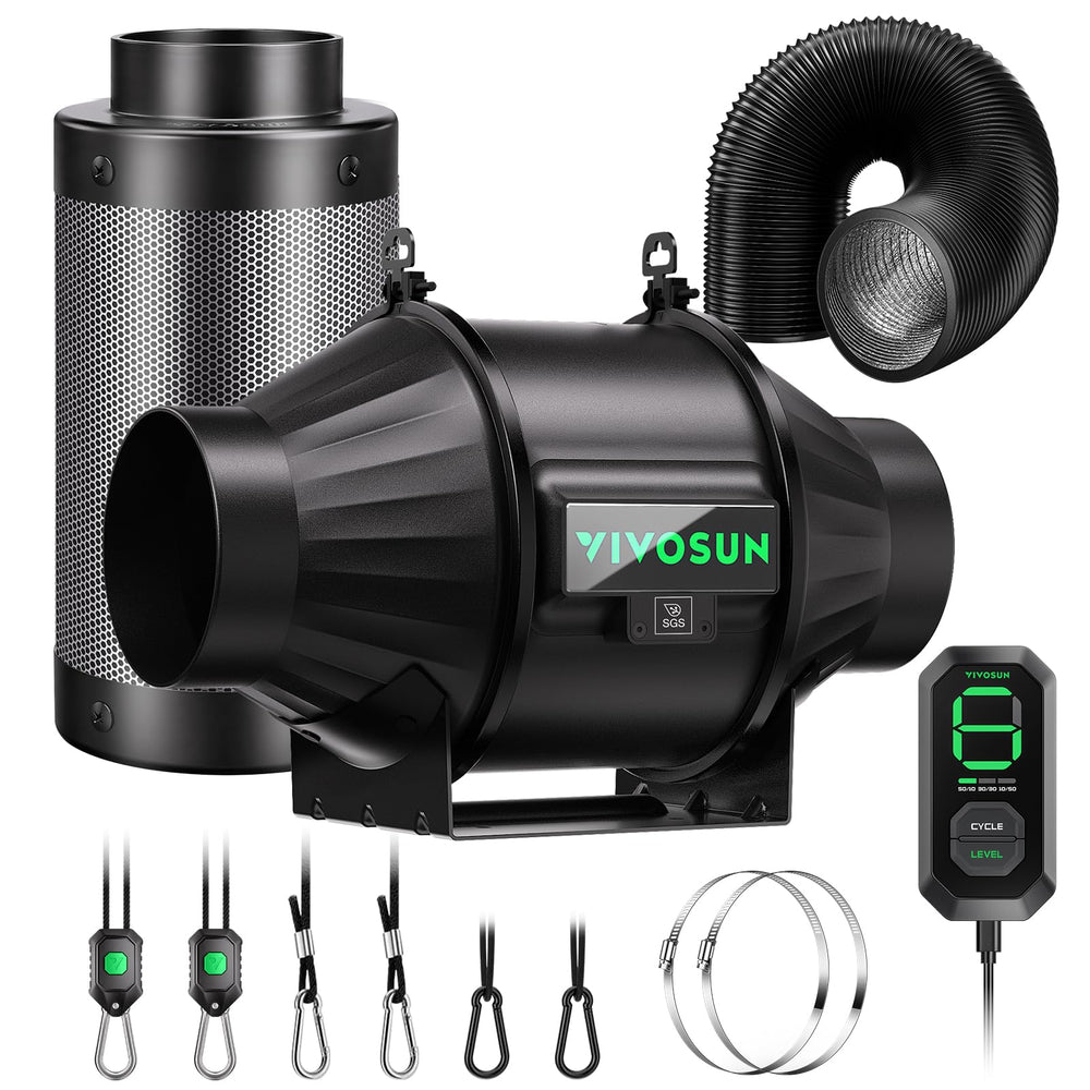 VIVOSUN kit front view showing fan, filter and ducting for efficient ventilation