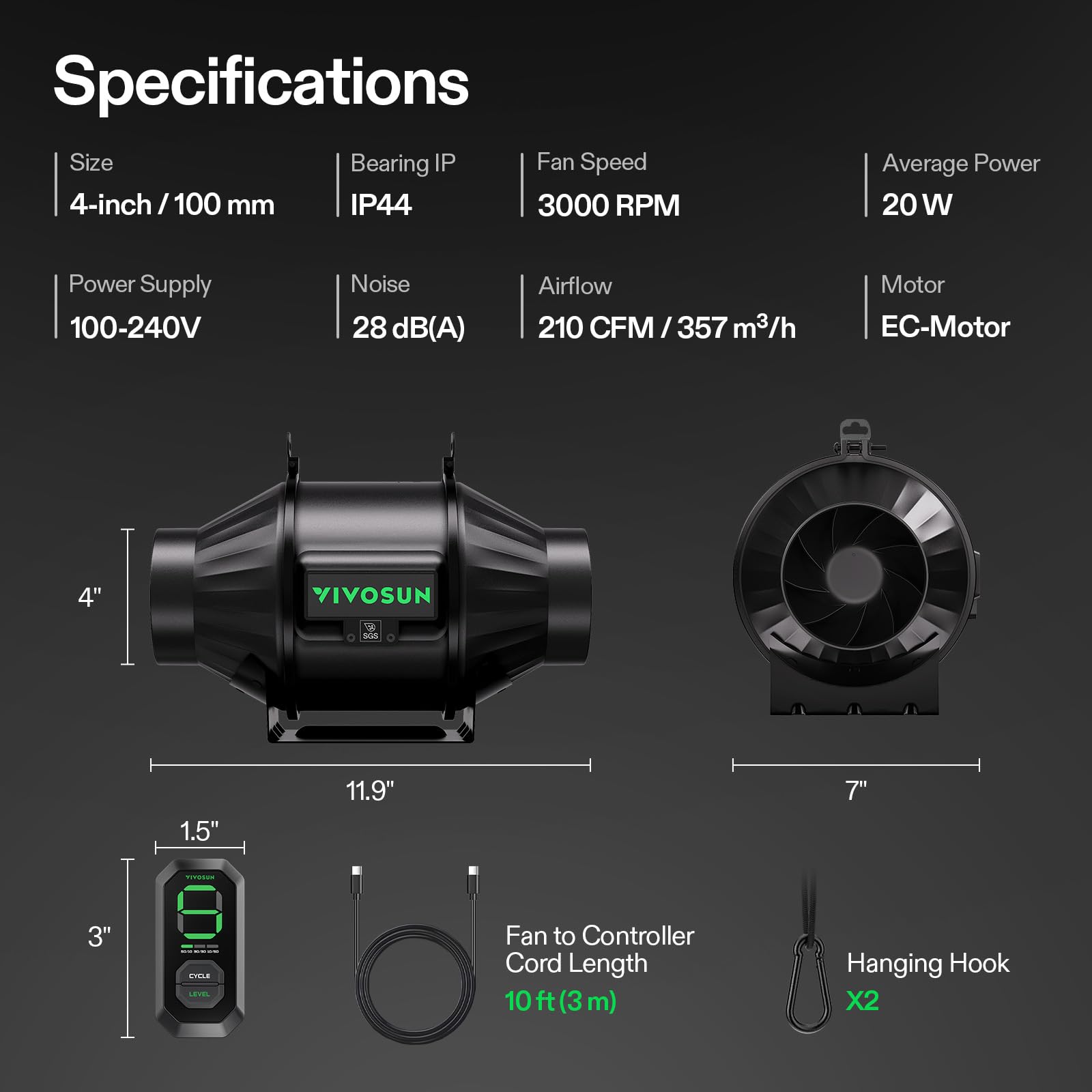 VIVOSUN T4 package contents laid out displaying fan, E12 controller, and probe for easy setup