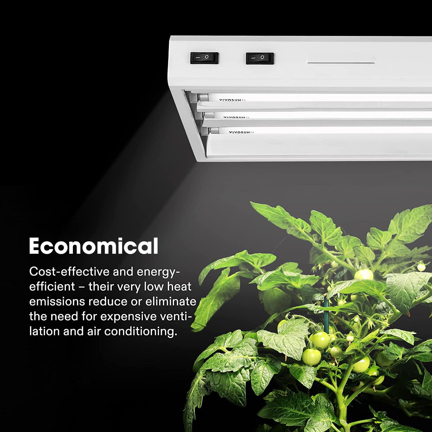 VIVOSUN T5 tubes installed on a multi-tier shelf providing even illumination and space savings