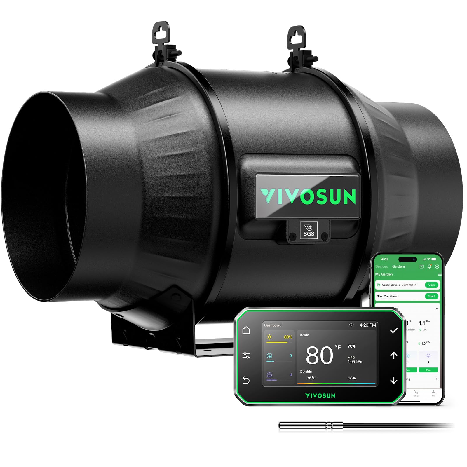 VIVOSUN T6 front view showing compact inline fan and controller, clean airflow benefit