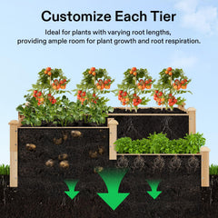 VIVOSUN three-tier layout filled with herbs and vegetables showcasing mixed-depth planting